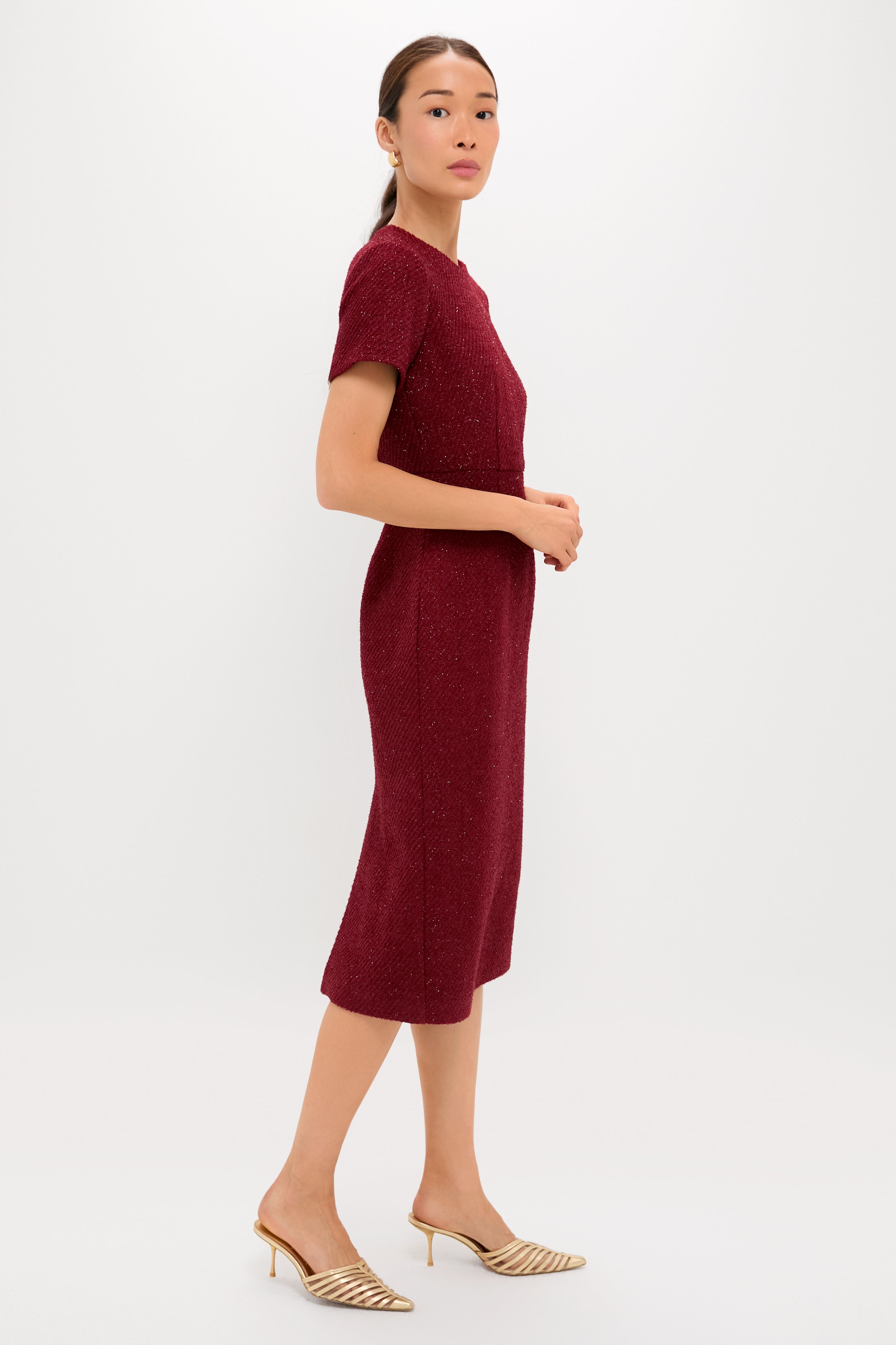 Burgundy Shimmer Boucle Pinot Midi Dress-Charming Tale Store