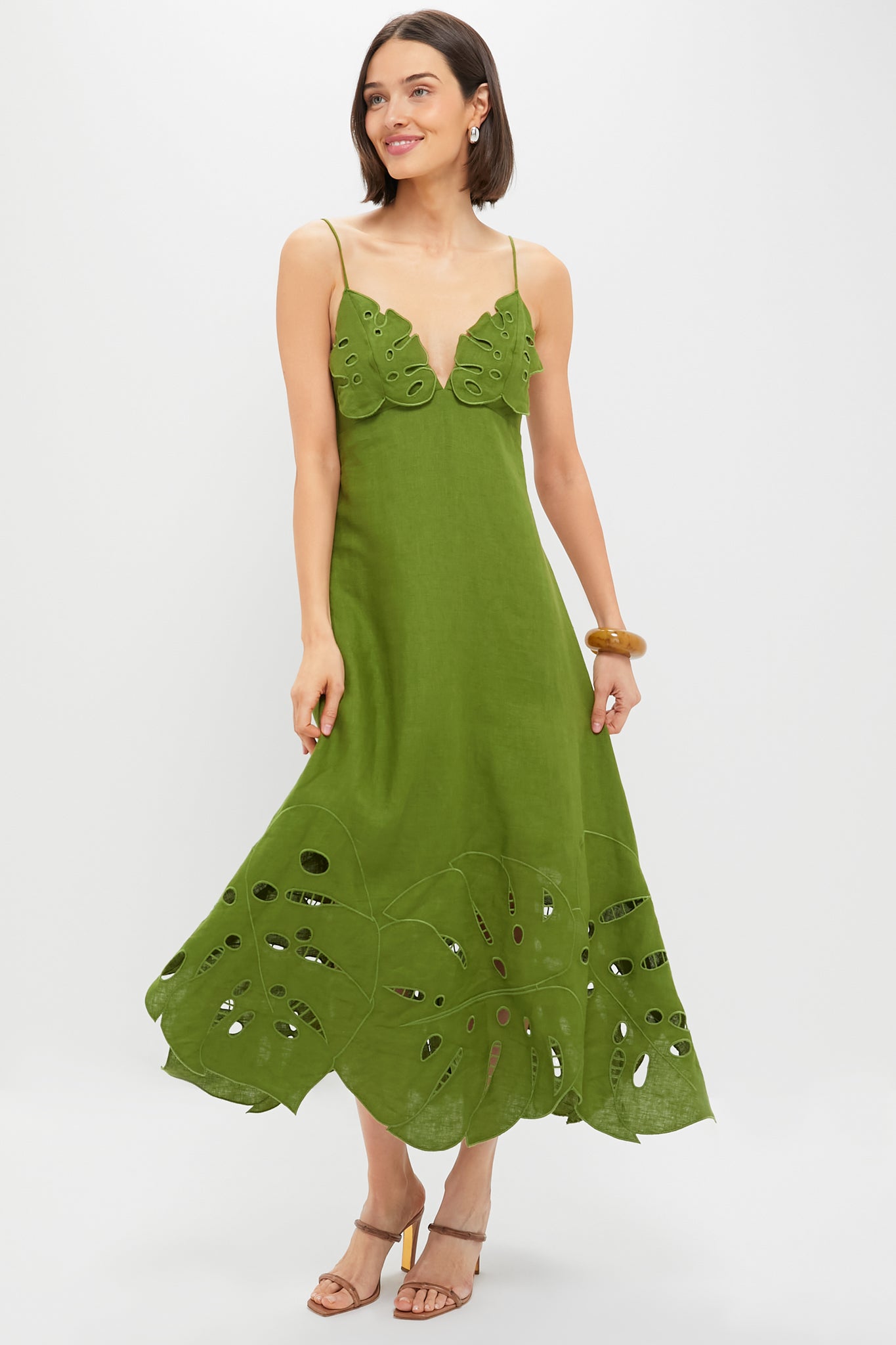 Green Monstera Embroidery Midi Dress-Charming Tale Store