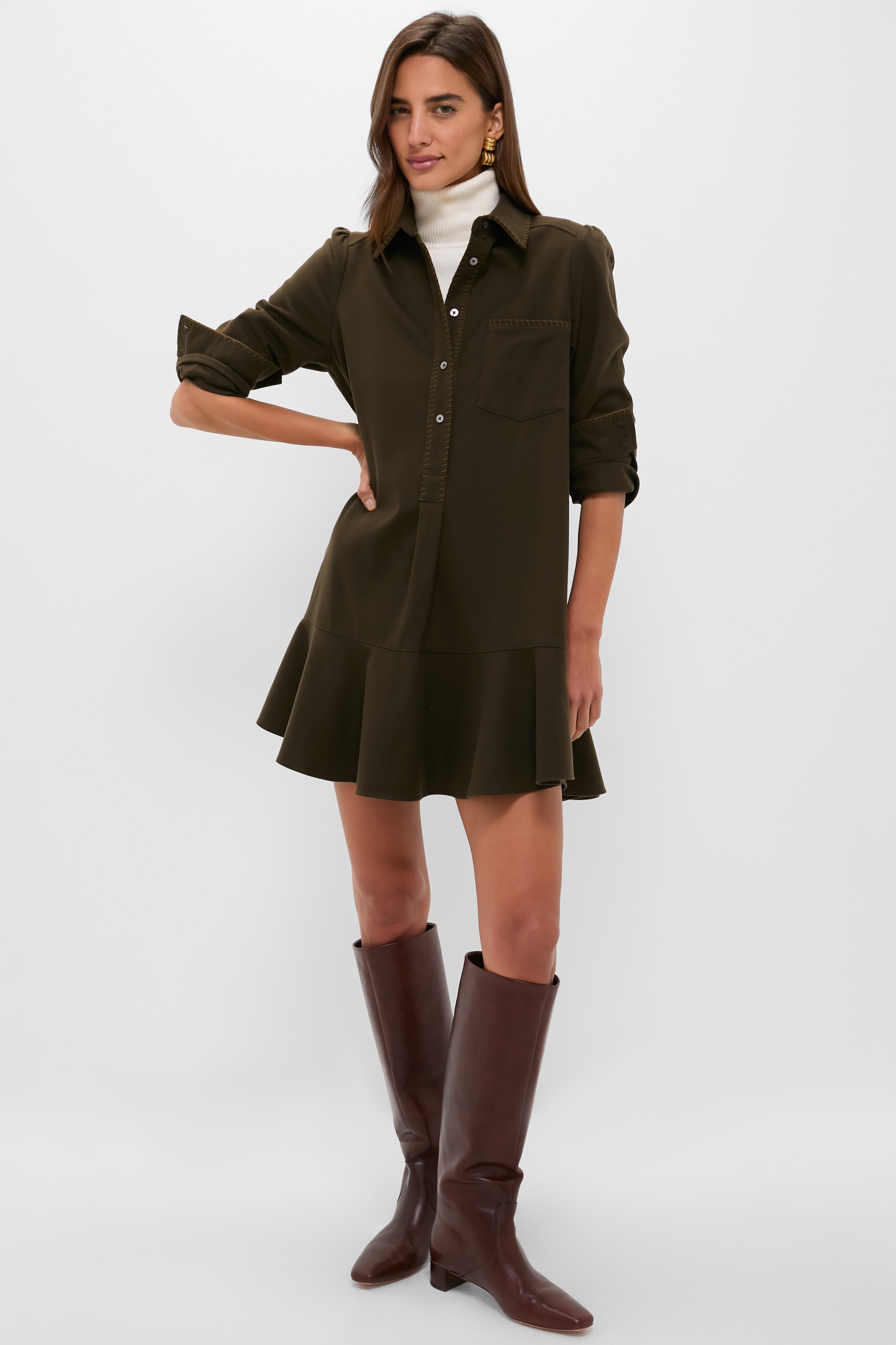 Dark Olive Whipstitch Brushed Wool Callahan Shirt Dress-Charming Tale Store