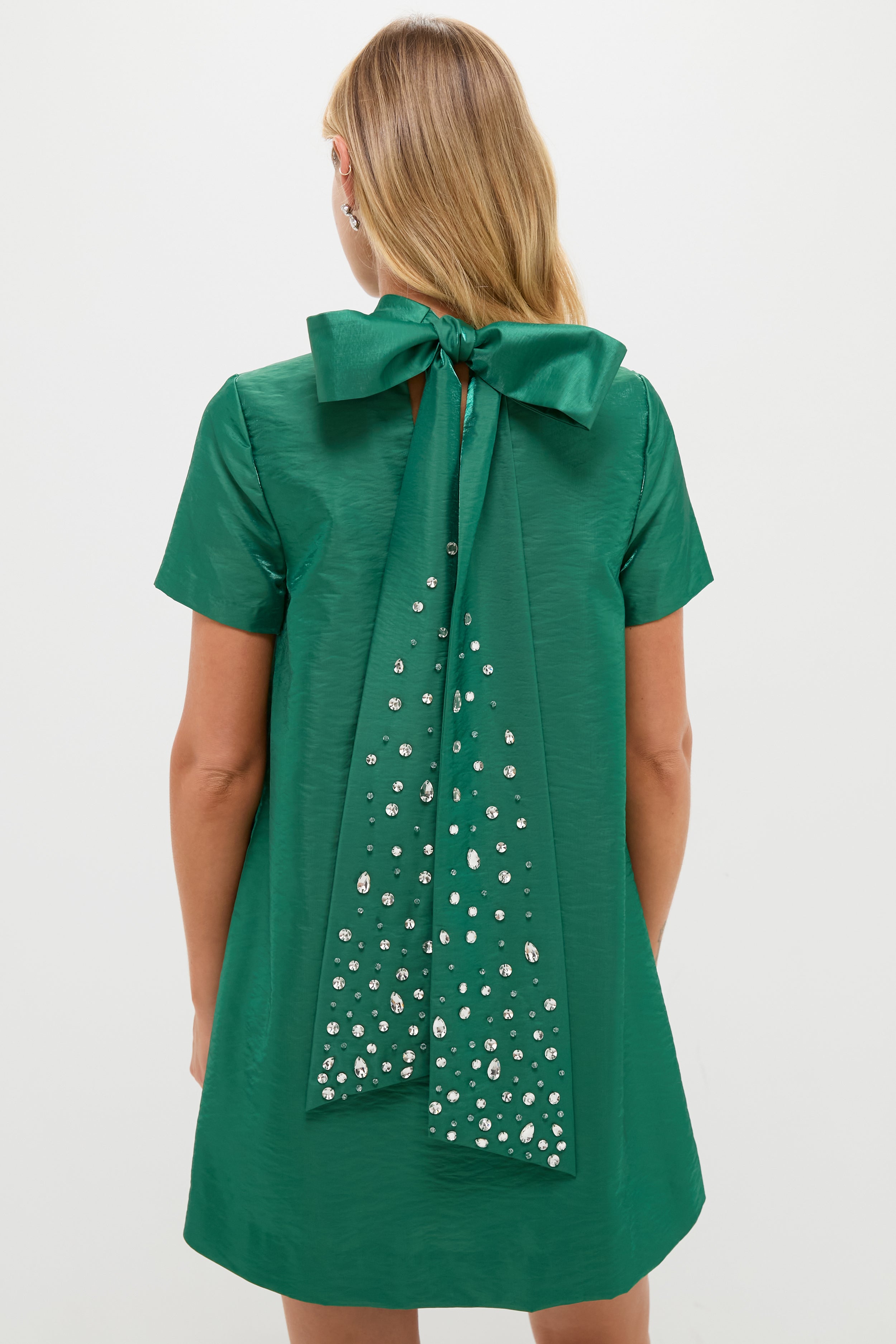 Green Taffeta Embellished Ashton Bow Dress-Charming Tale Store