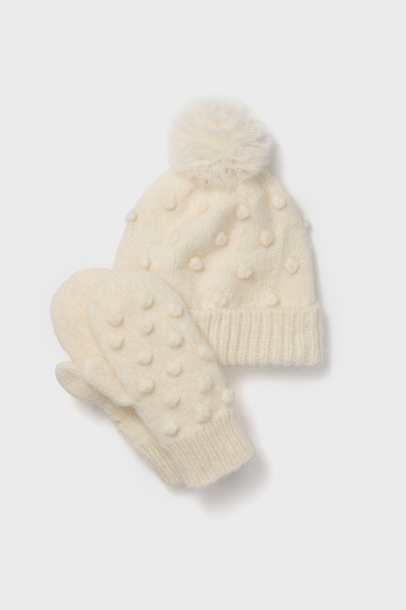 Cream Pom Pom Hat and Mittens Set-Charming Tale Store