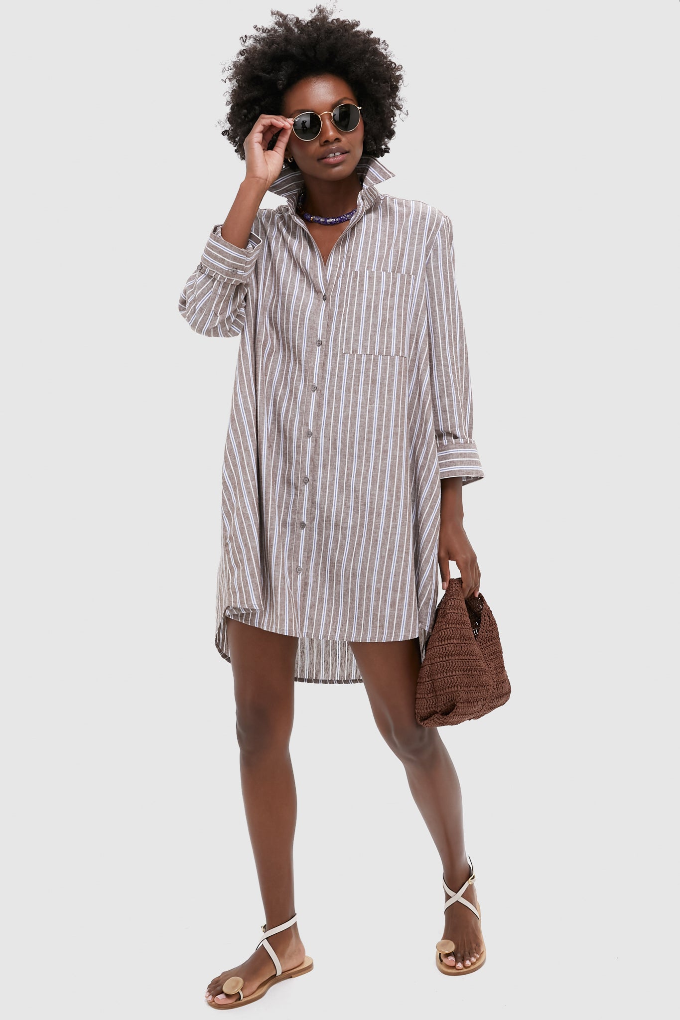 Dove Stripe Linen Carlotta Shirt Dress-Charming Tale Store