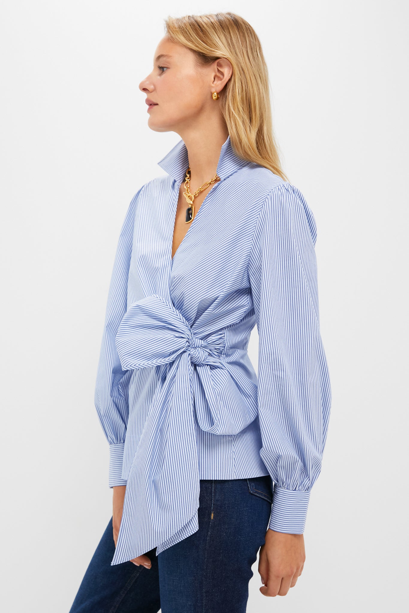 Continental Stripe Tie Front Bow Bea Blouse-Charming Tale Store