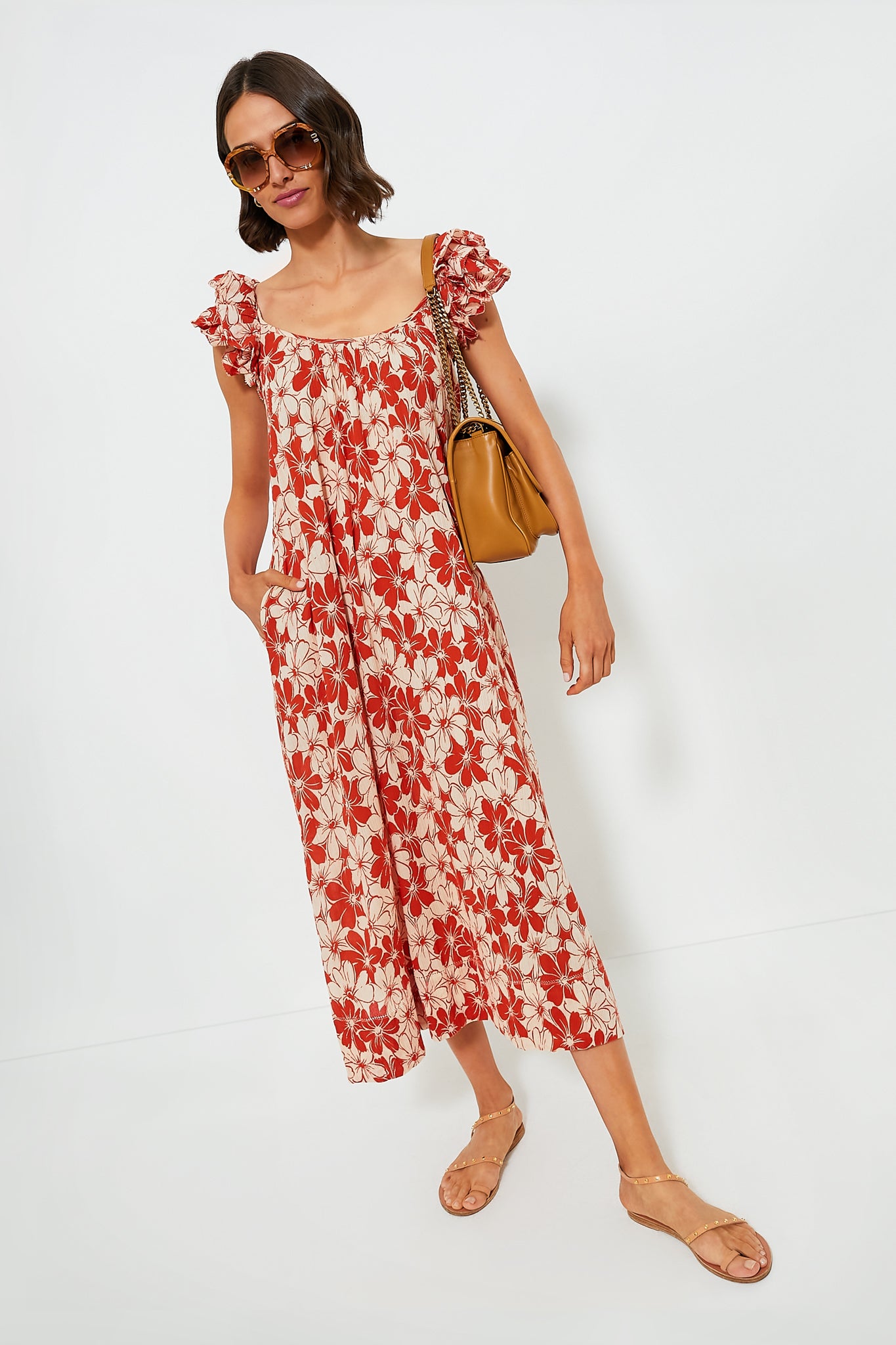 Burnt Red Hibiscus Floral The Cascade Dress-Charming Tale Store