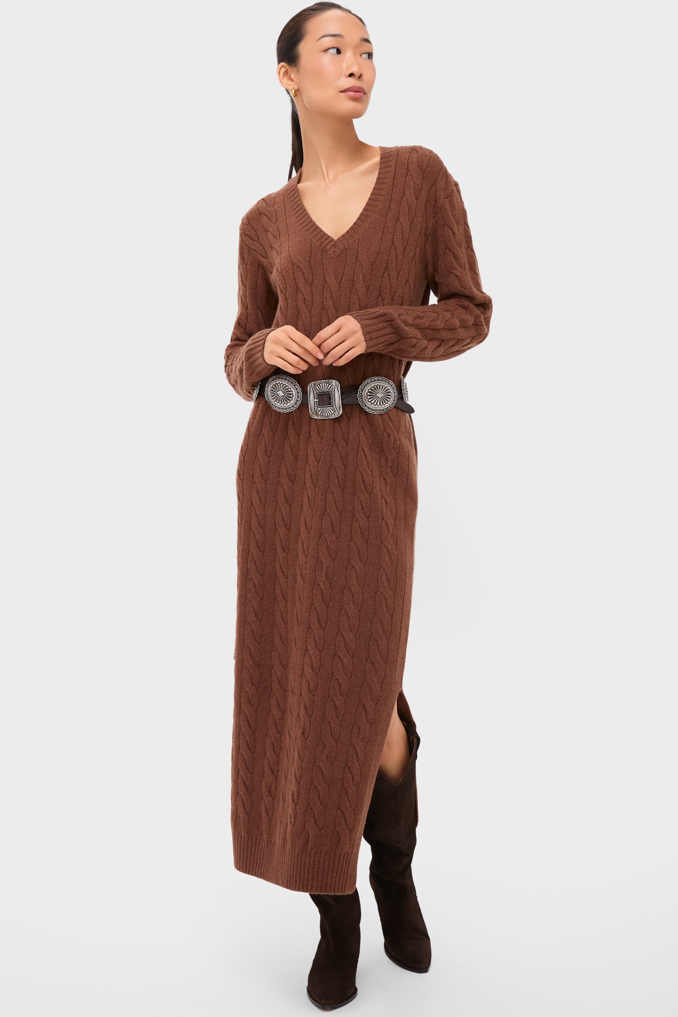 Gingerbread Brown Melange Alpaca Blend Sweater V-Neck Long Sleeve Dress-Charming Tale Store