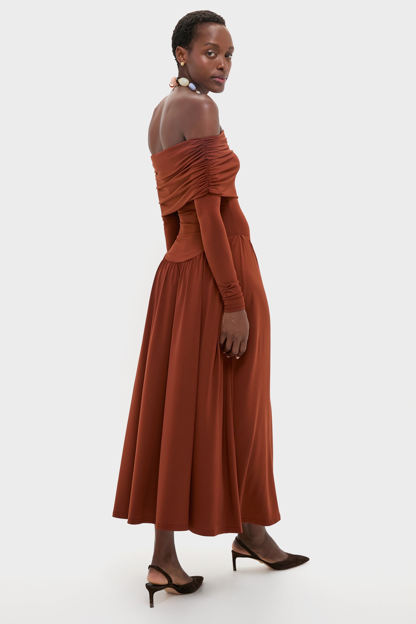 Burgundy Off the Shoulder Ruched Midi Dress-Charming Tale Store