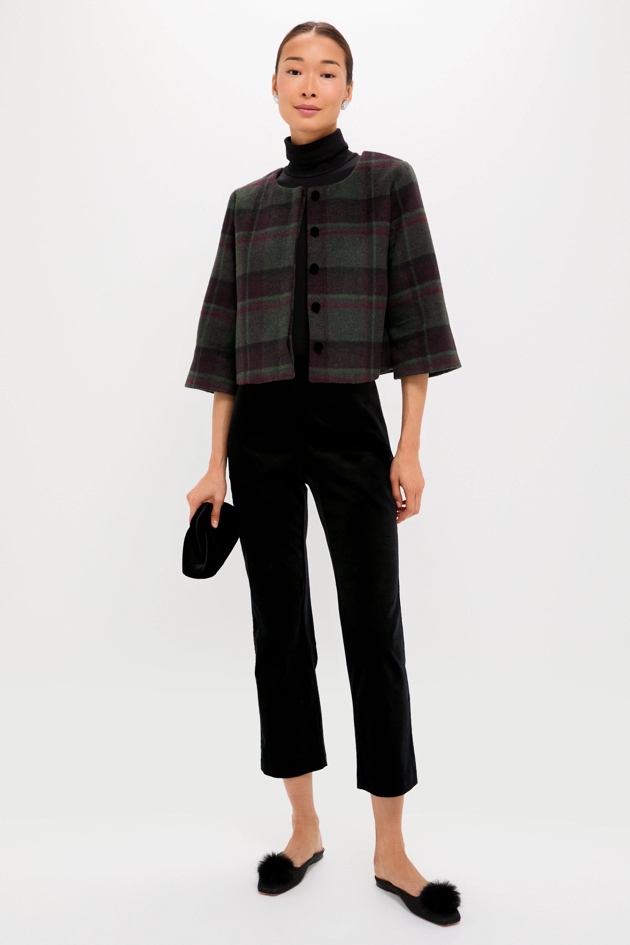 Forest Plaid Wool Fur Cuff Maxine Jacket-Charming Tale Store