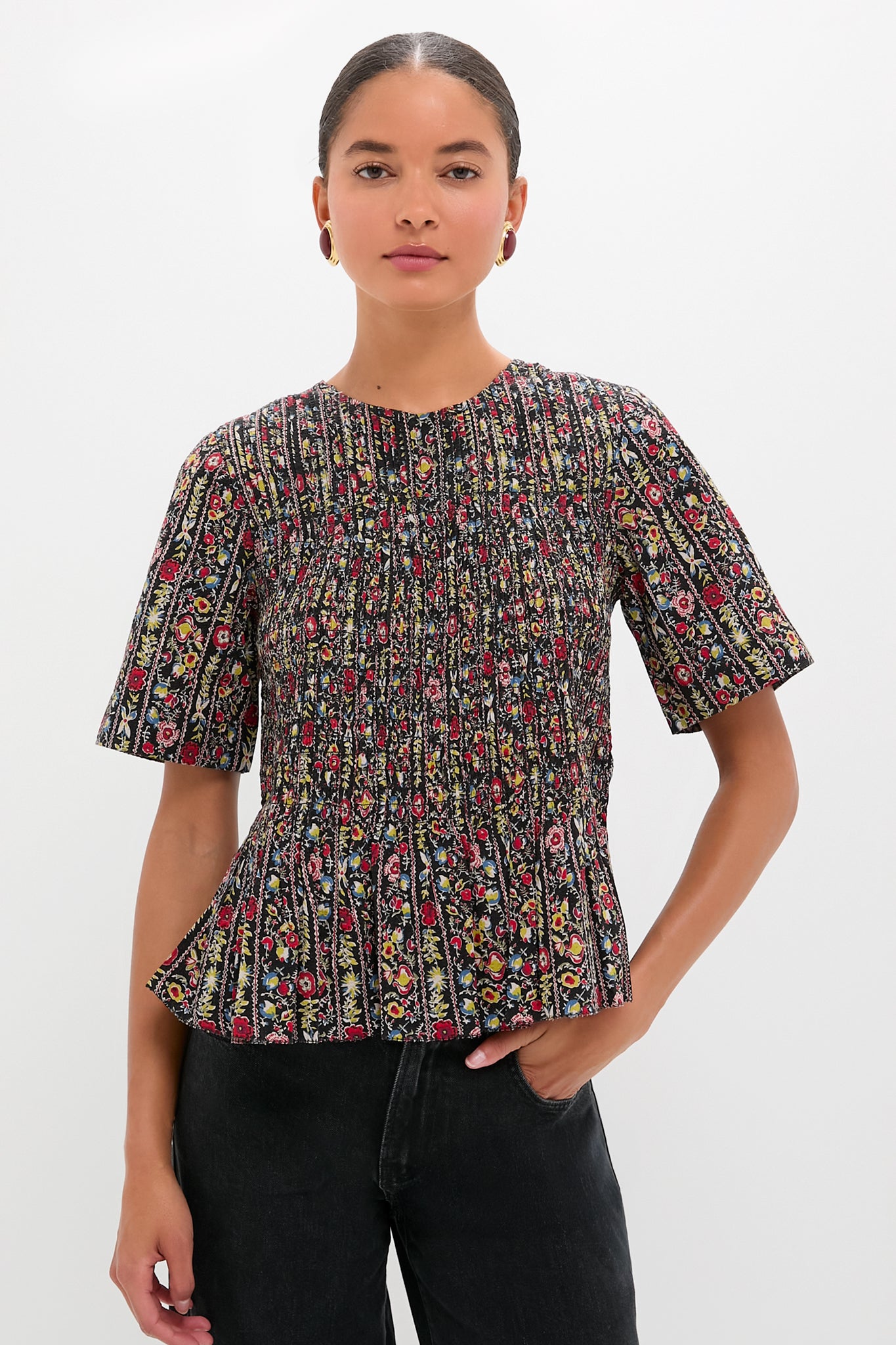 Garland Print Smocked Flounce Top-Charming Tale Store