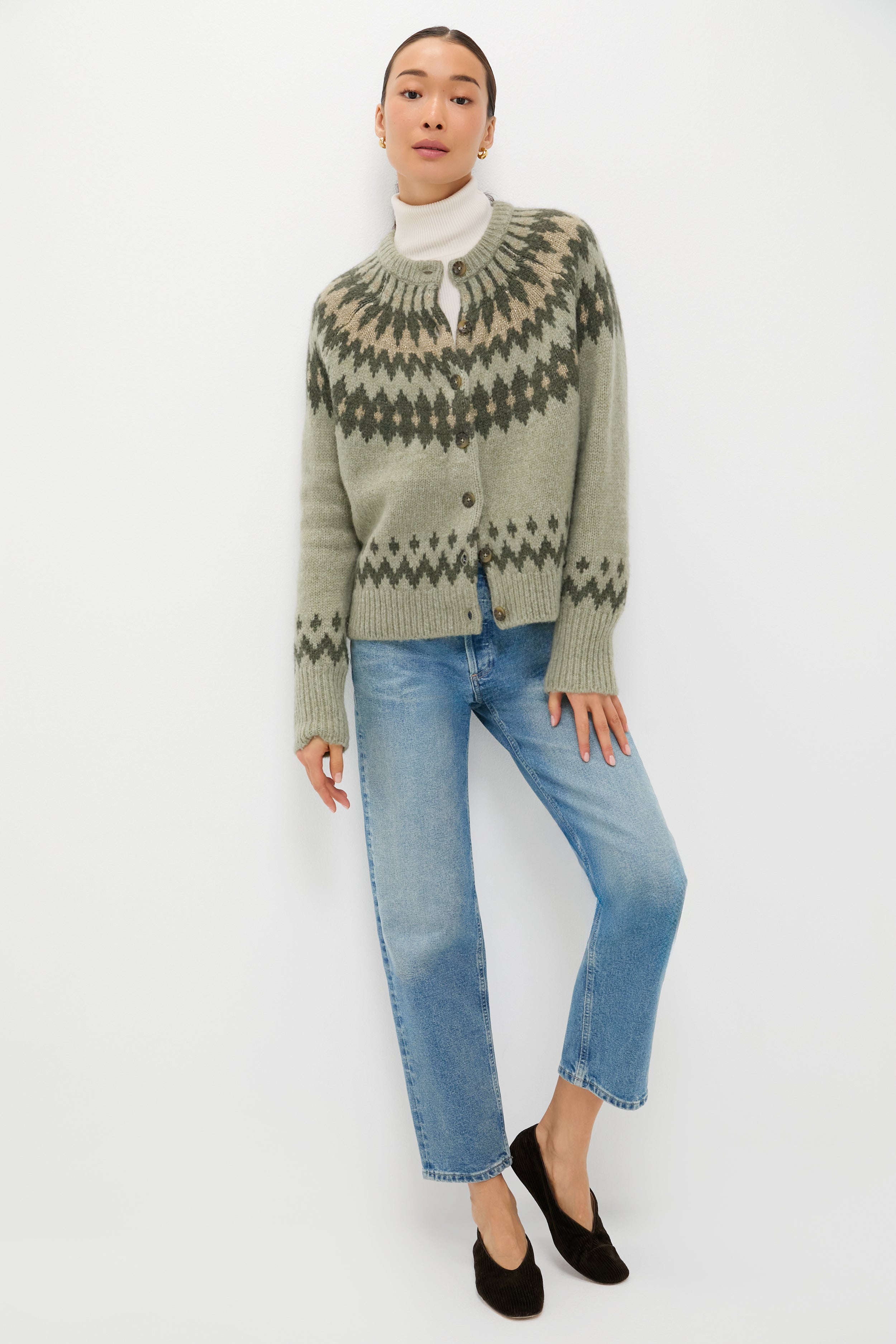 Fir Green Lurex Marlow Fair Isle Cardigan-Charming Tale Store