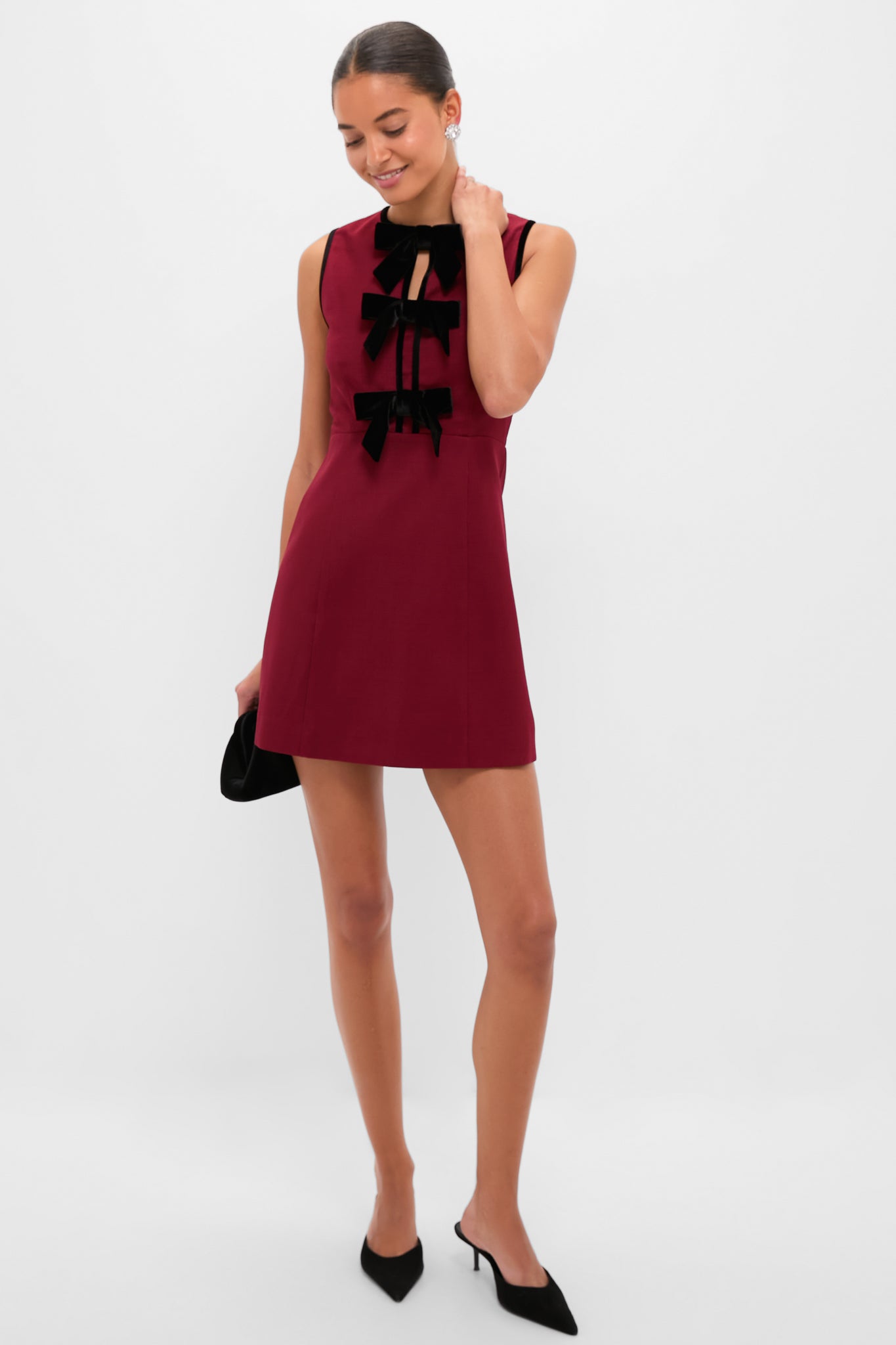 Cranberry Velvet Bow Jaclyn Mini Dress-Charming Tale Store