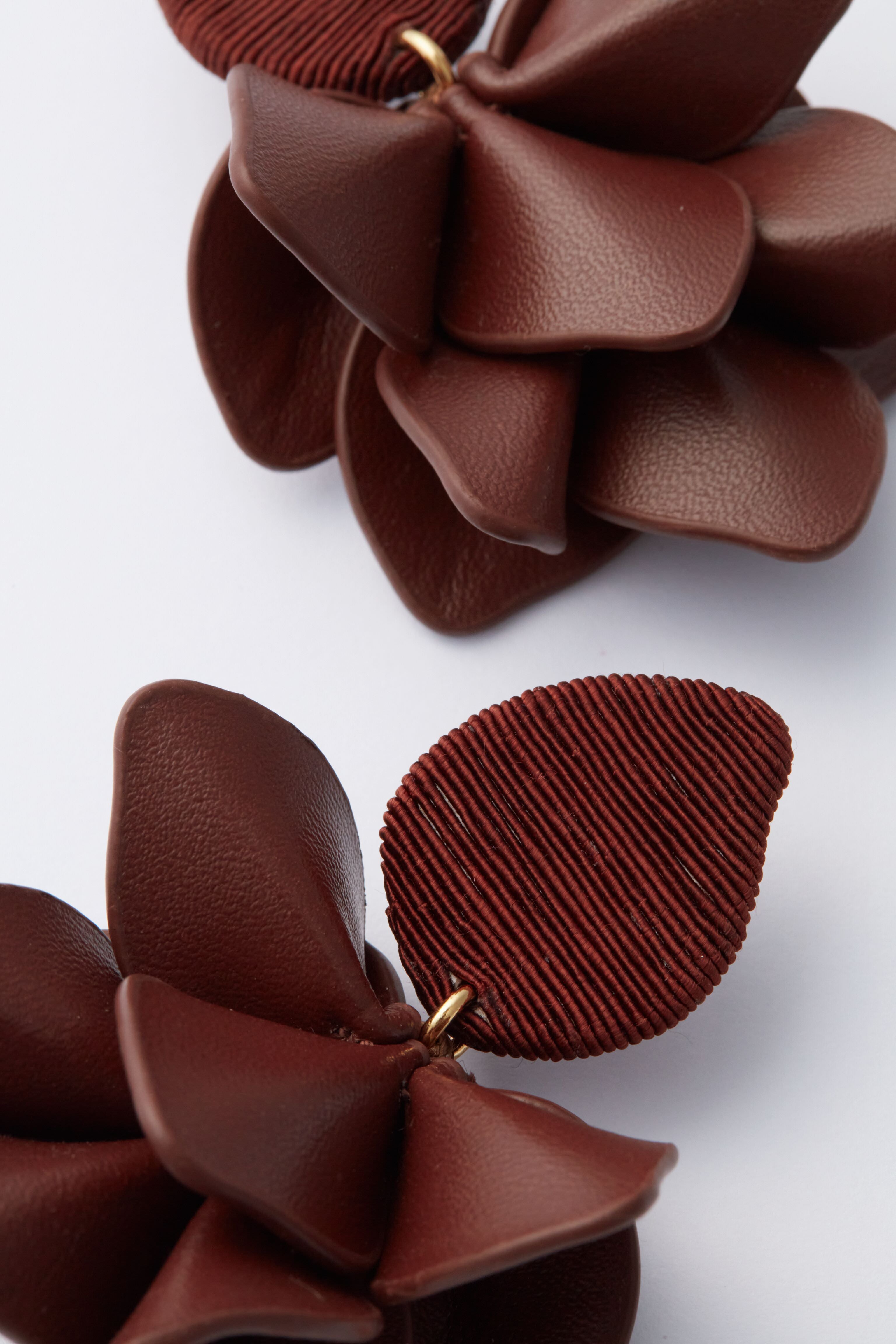 Chocolate Brown Silk and Leather Orchid Earrings-Charming Tale Store