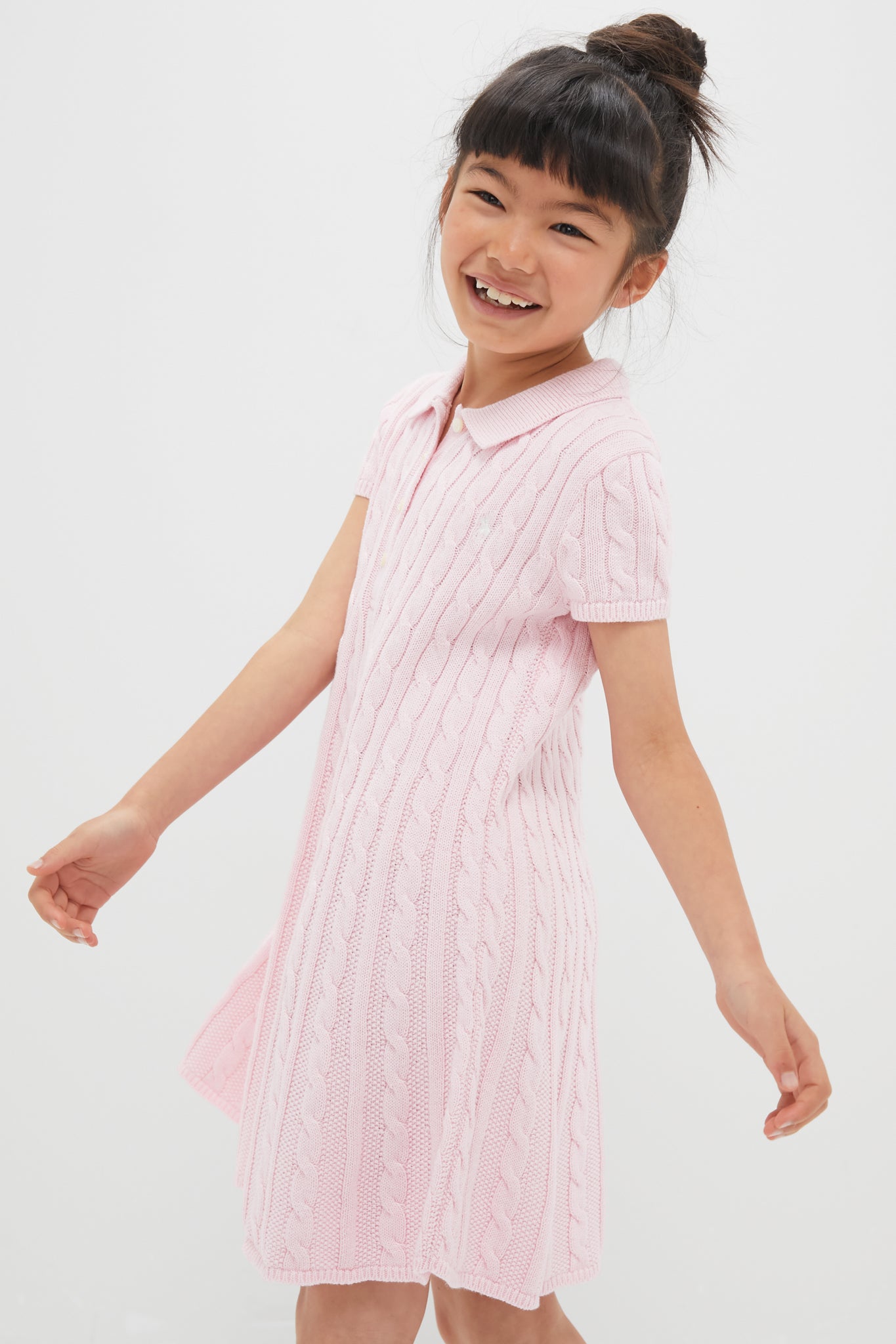 Girls Short-Sleeve Cotton Cable Knit Polo Dress-Charming Tale Store