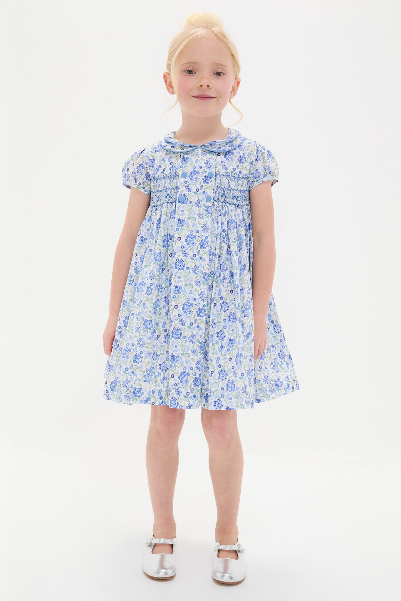 Dusty Blue Floral Arcadia Hand-Smocked Dress-Charming Tale Store