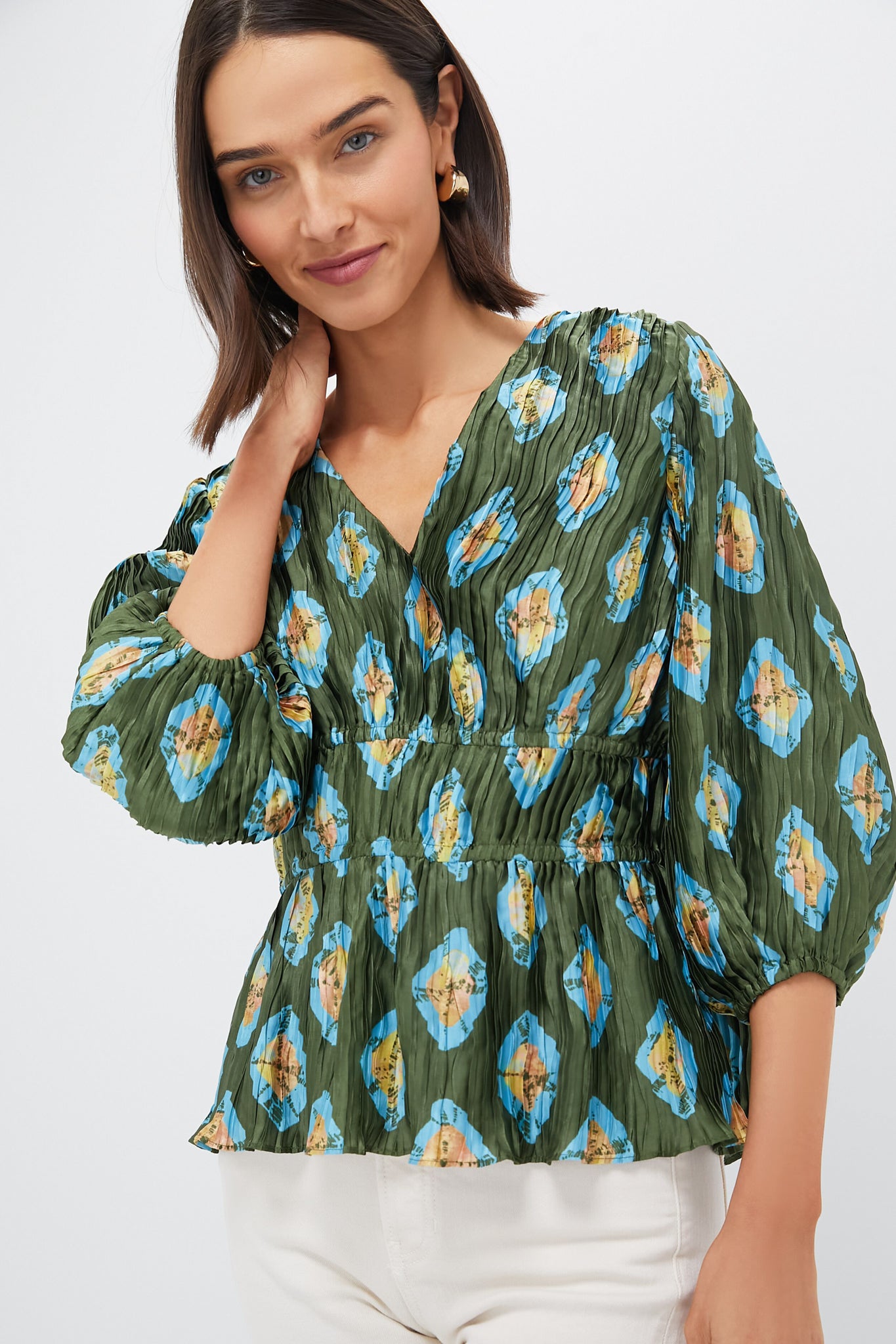 Olive and Aqua Diamond Maisy Blouse-Charming Tale Store