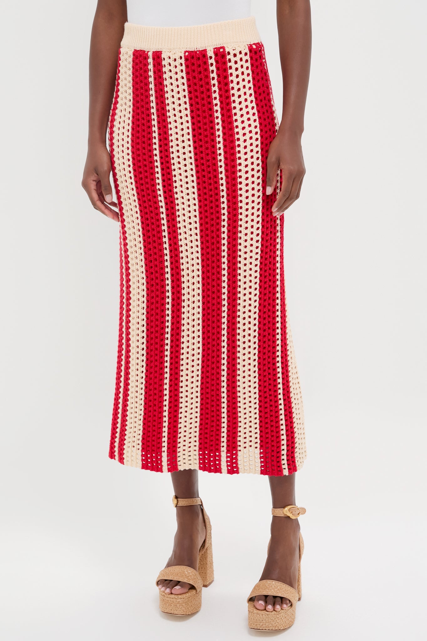 Burnt Red & Beige Striped Knit Ren Midi Skirt-Charming Tale Store