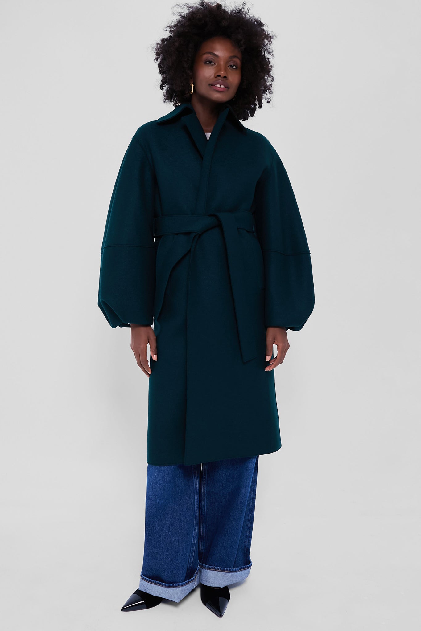 Bottle Green Puffed Sleeve Pressed Wool Coat-Charming Tale Store