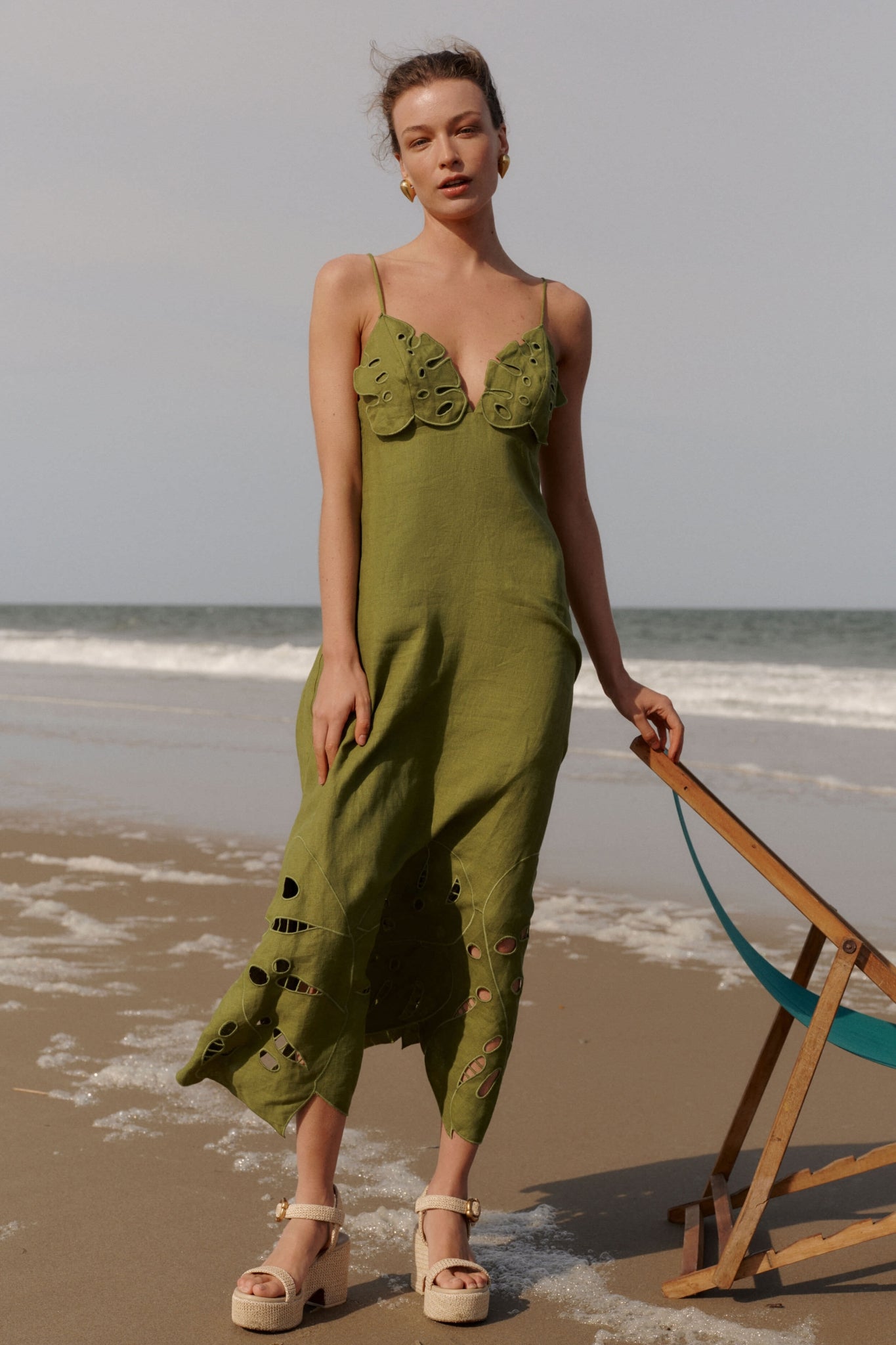 Green Monstera Embroidery Midi Dress-Charming Tale Store