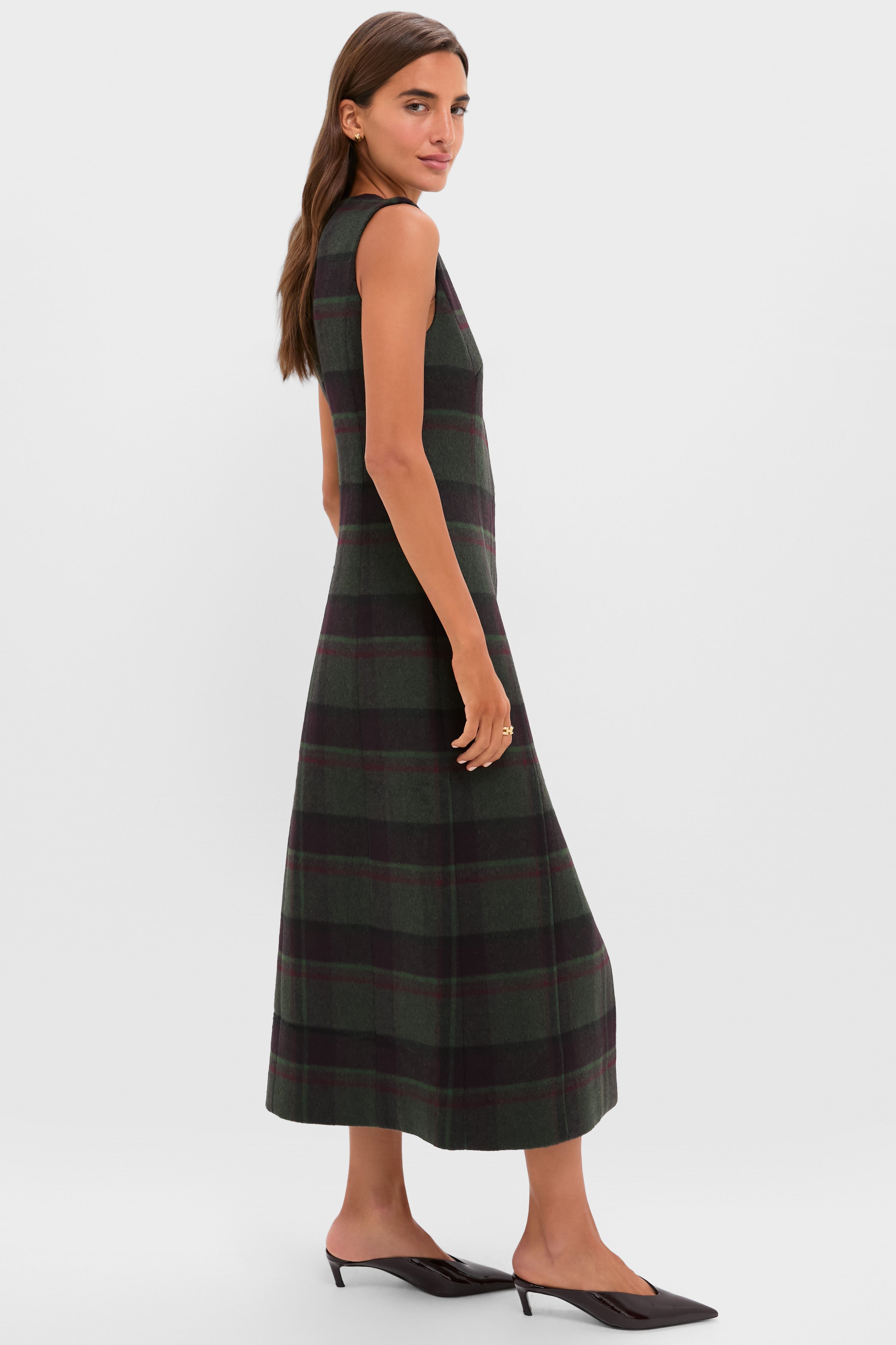 Forest Plaid Wool Rhoda Midi Dress-Charming Tale Store