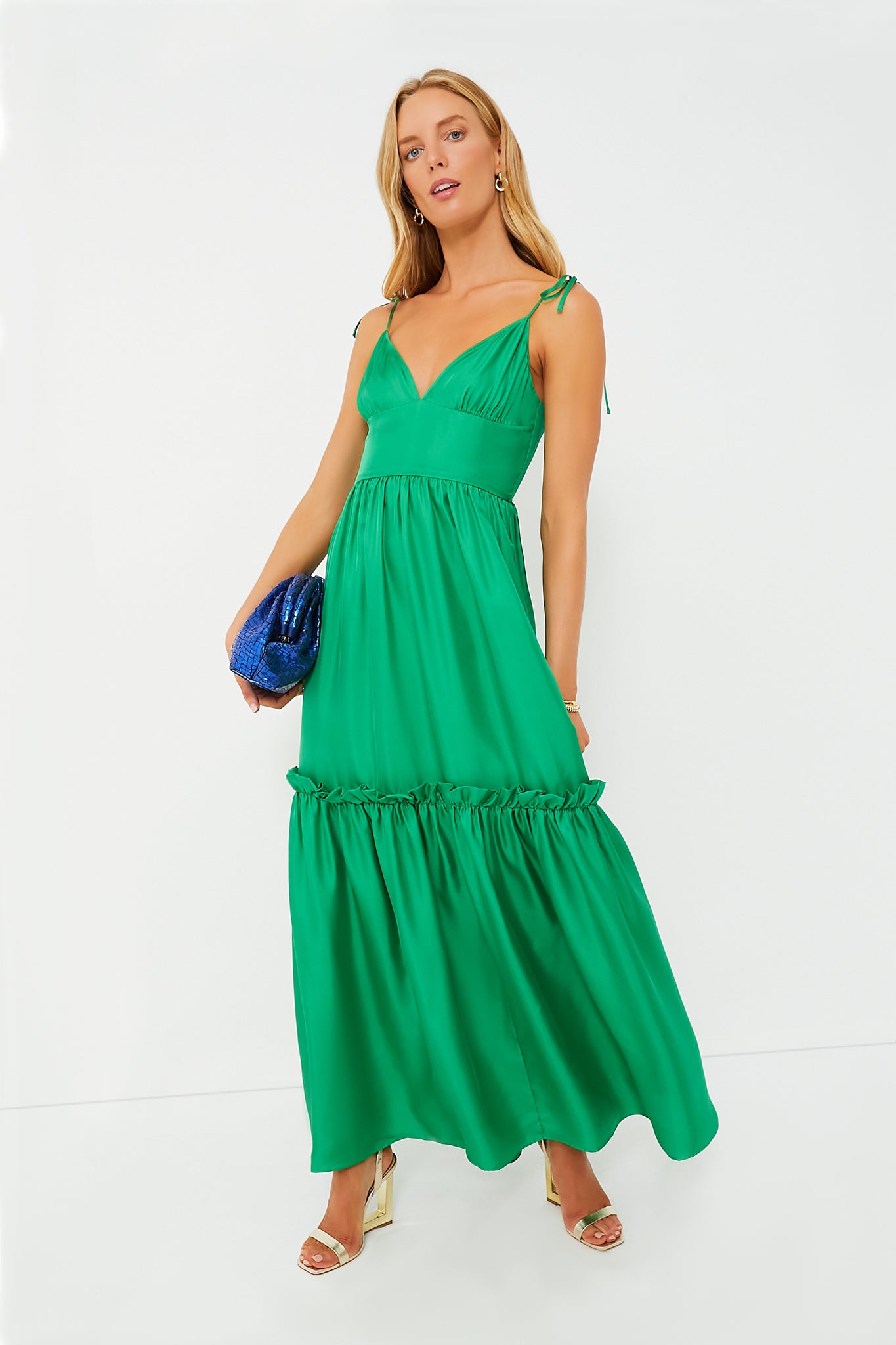 Green Silk Twill Maxi Dress-Charming Tale Store
