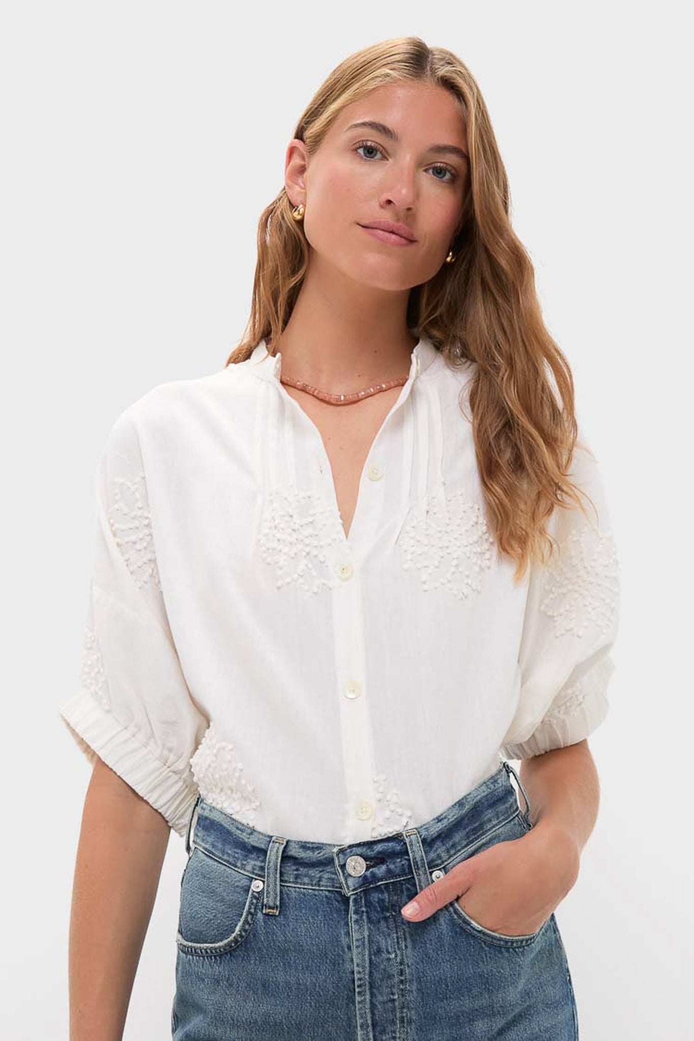French Knot Floral Sand Mandarin Collar Top-Charming Tale Store