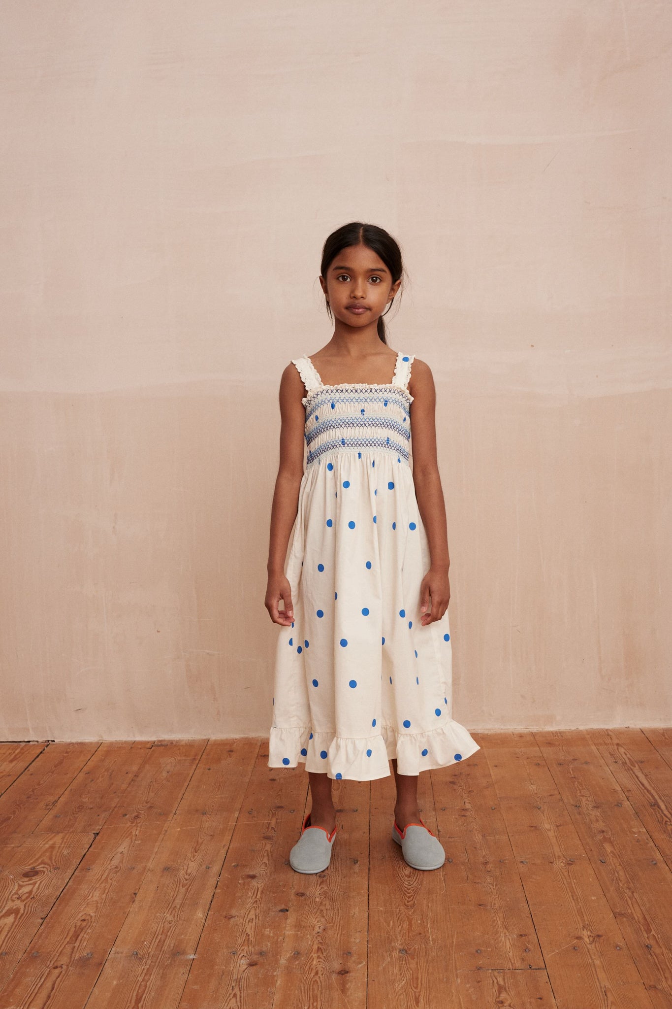 Zaza Smocked Dress Dots Blue-Charming Tale Store
