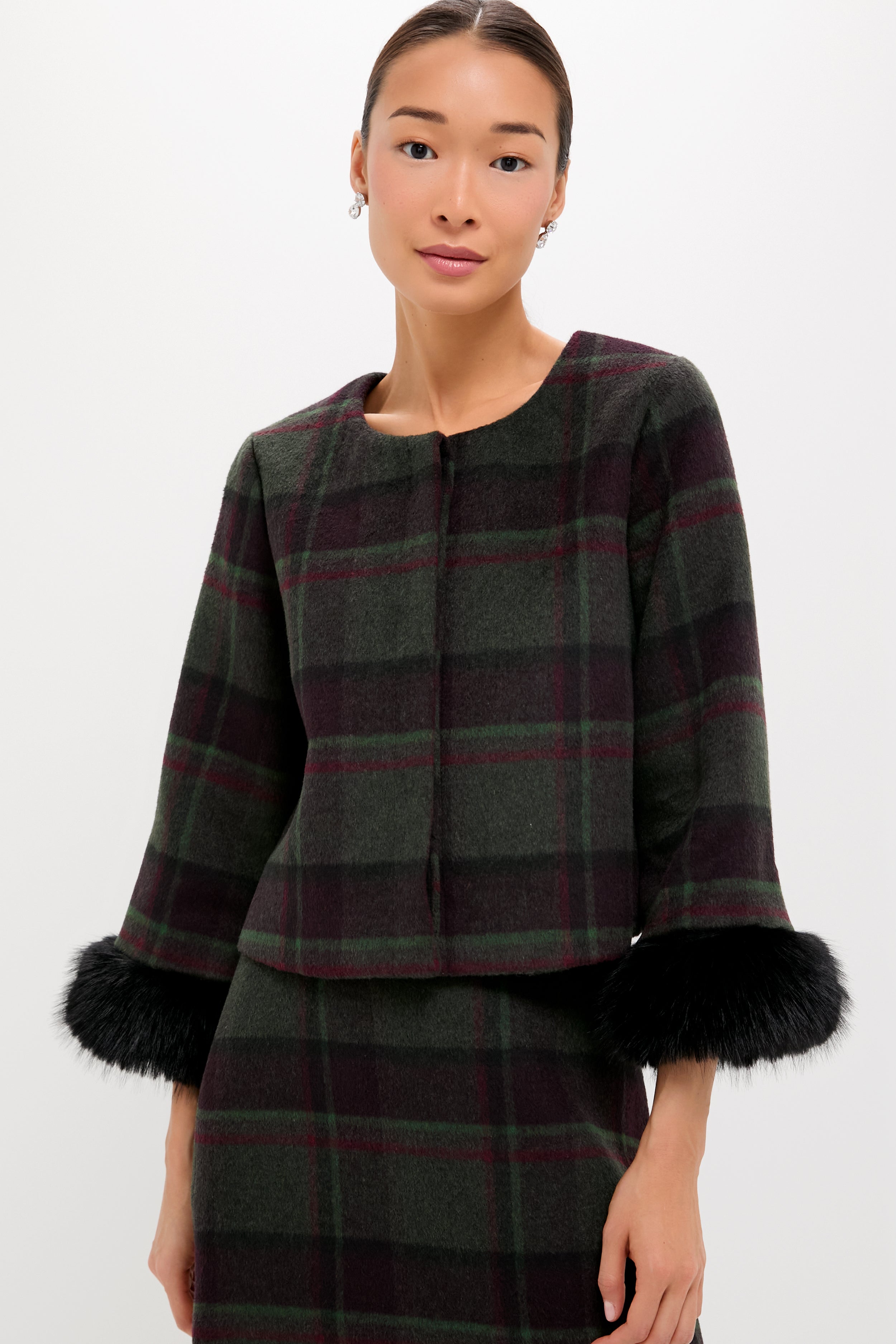 Forest Plaid Wool Fur Cuff Maxine Jacket-Charming Tale Store