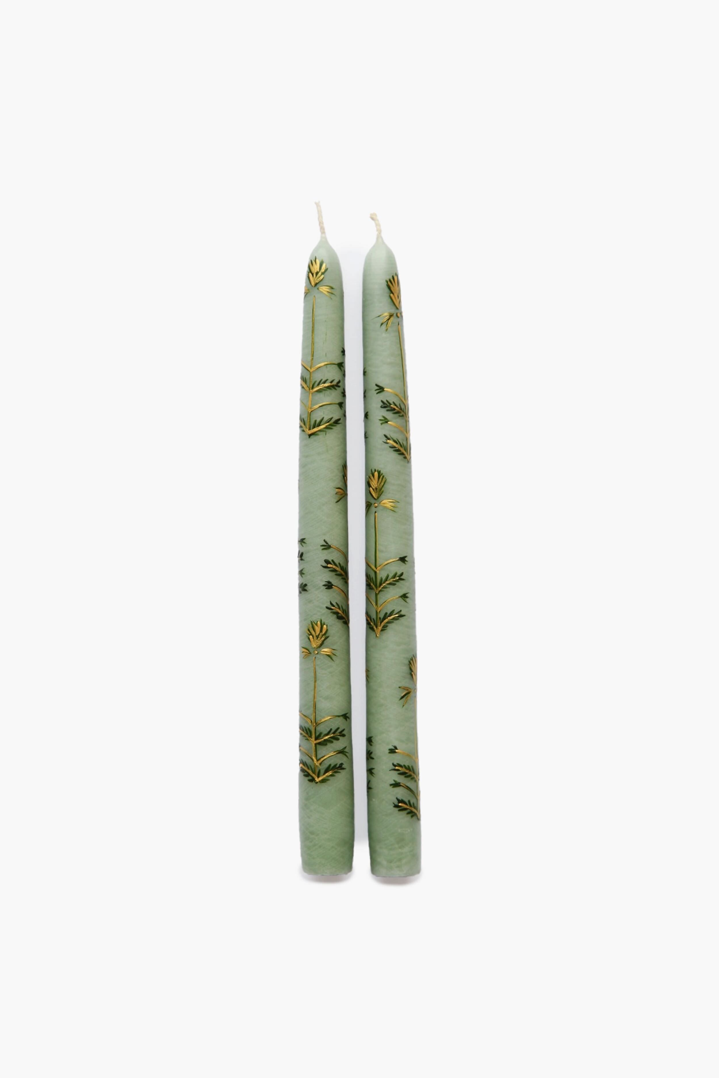 Sage Chrysanthemum Hand Painted Taper Candles (Set of 2)-Charming Tale Store