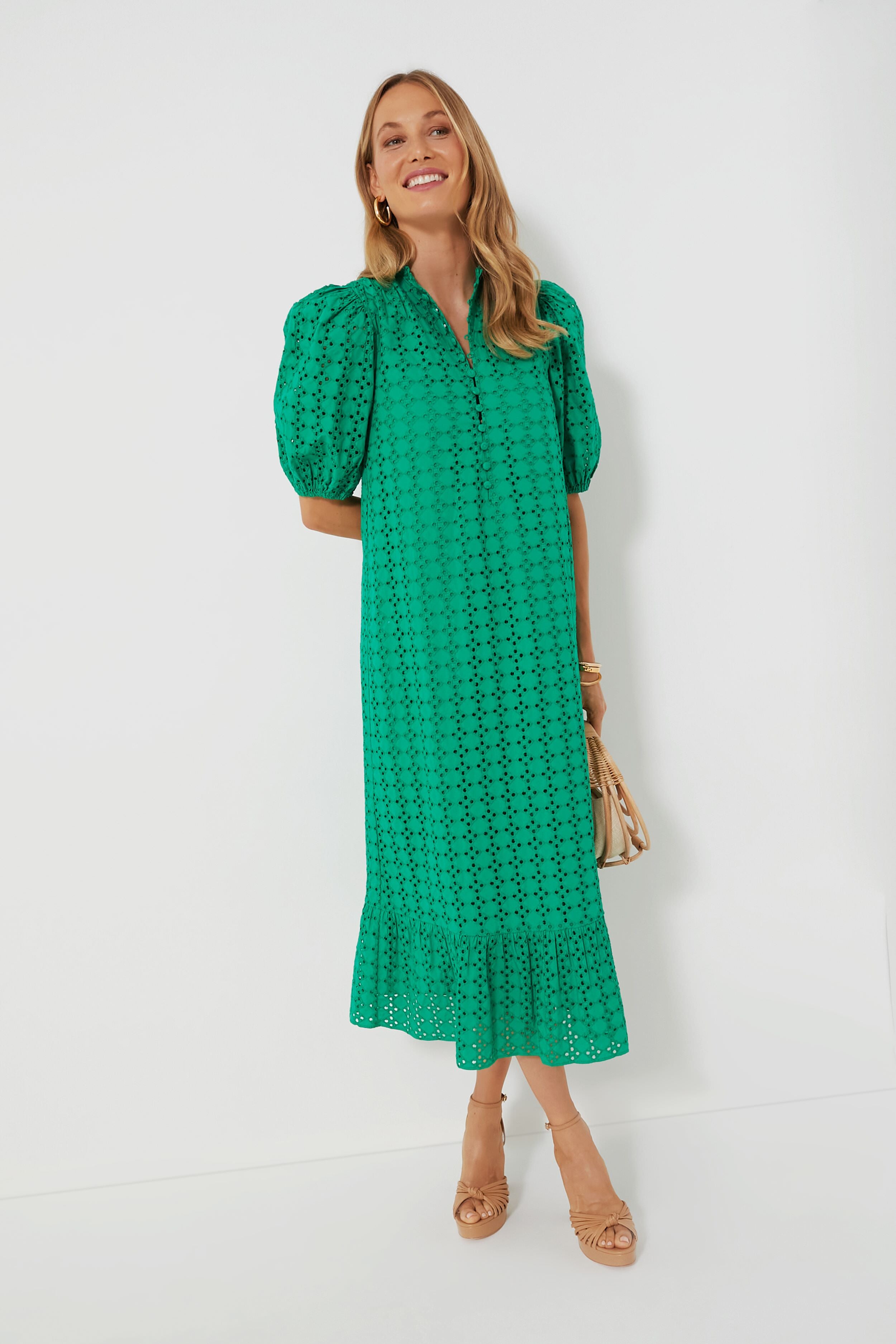 Green Eyelet Midi Tryall Dress-Charming Tale Store