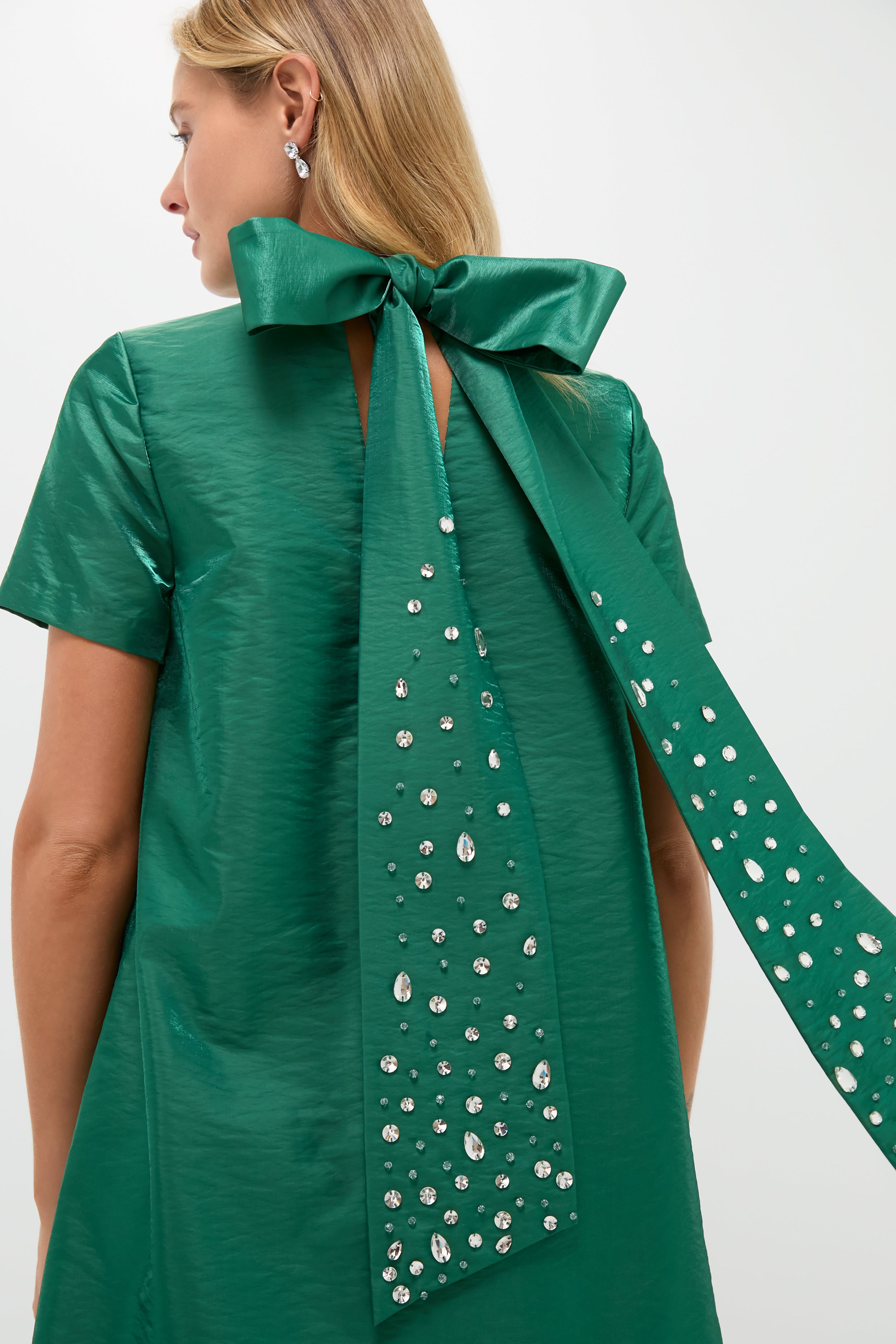 Green Taffeta Embellished Ashton Bow Dress-Charming Tale Store