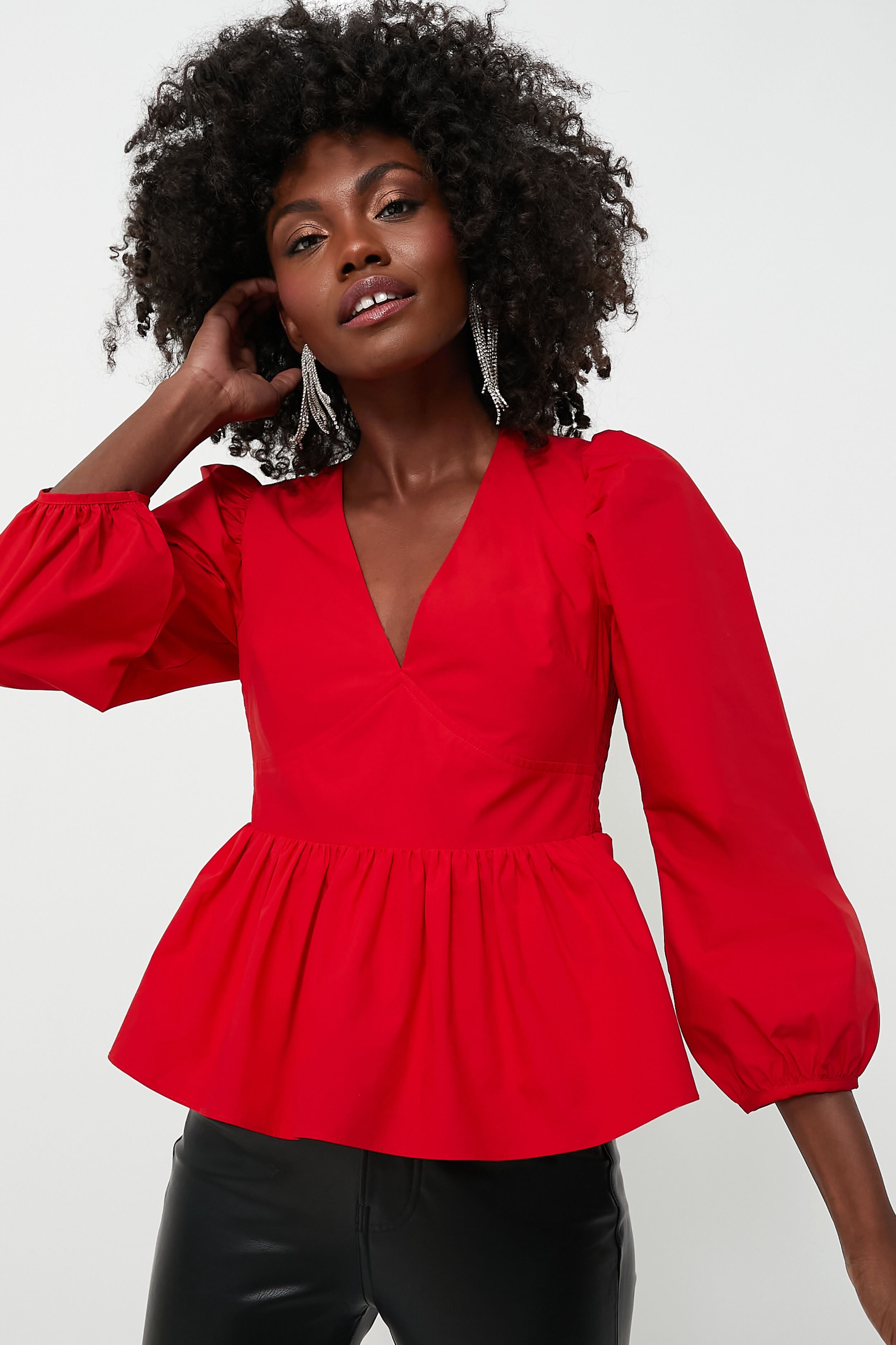Red Puff Sleeve Elaina Blouse-Charming Tale Store