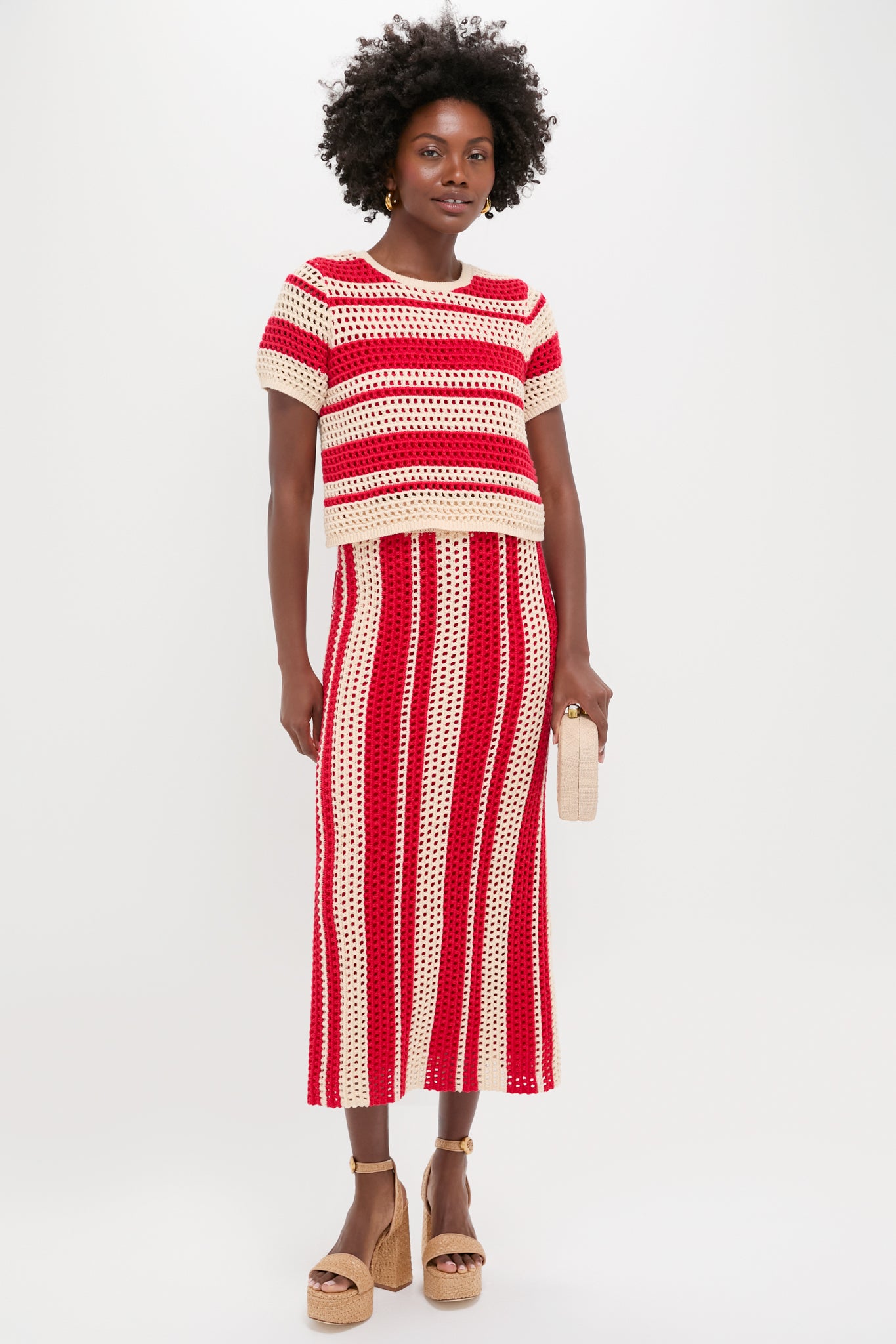 Burnt Red & Beige Striped Knit Ren Midi Skirt-Charming Tale Store