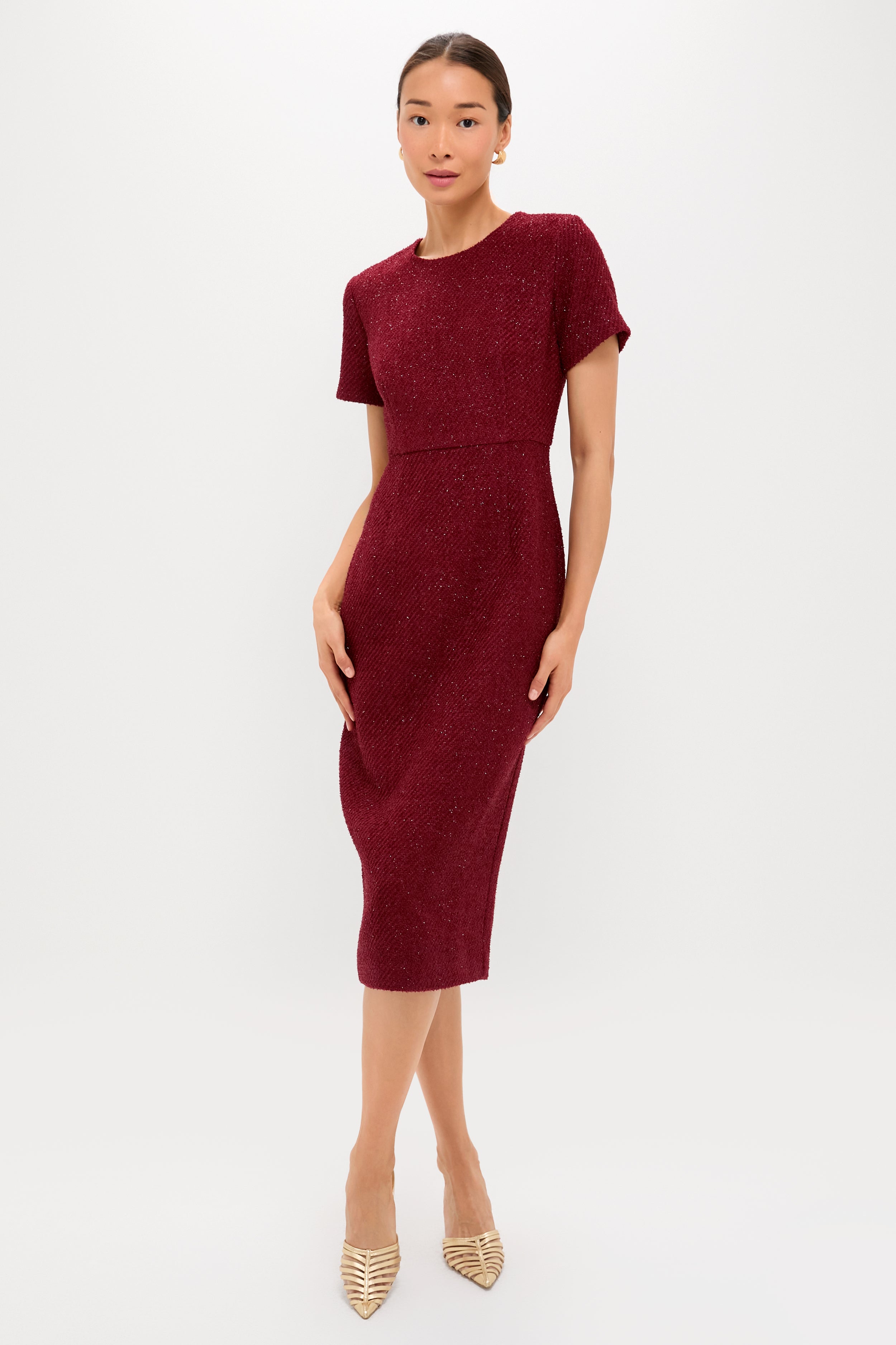 Burgundy Shimmer Boucle Pinot Midi Dress-Charming Tale Store