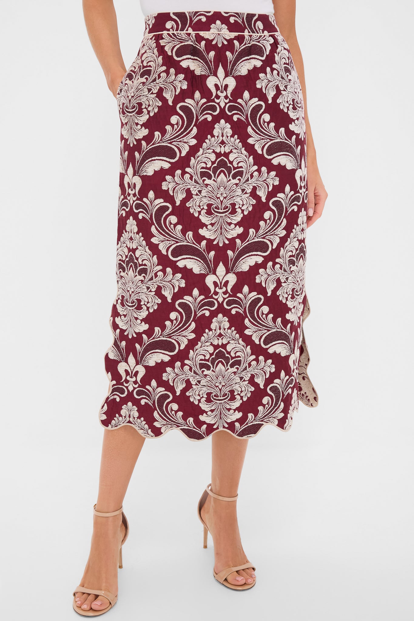 Blush Pink and Burgundy Bicolor Jacquard Waves Midi Skirt-Charming Tale Store