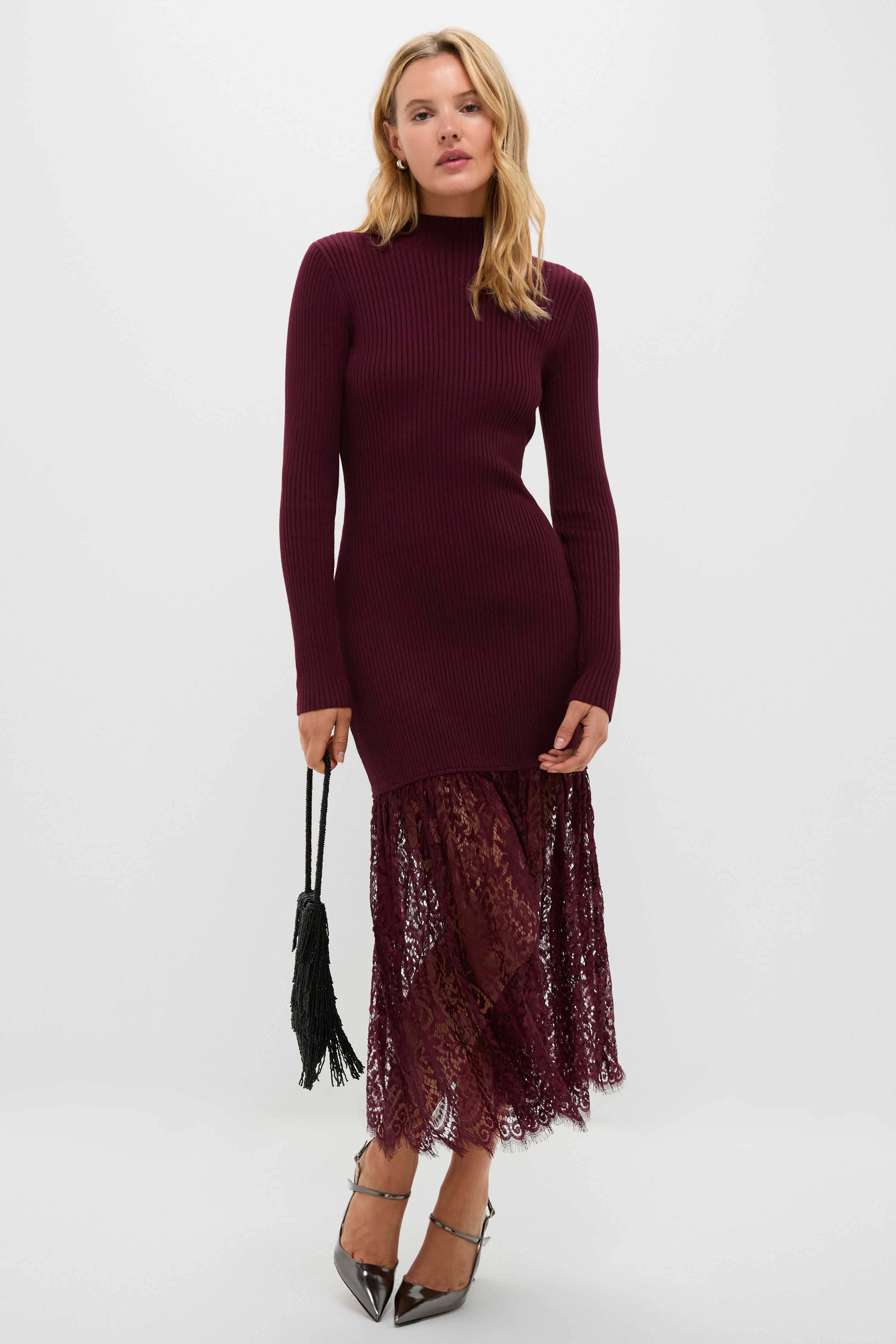 Plum Knit & Lace Suzanne Midi Dress-Charming Tale Store