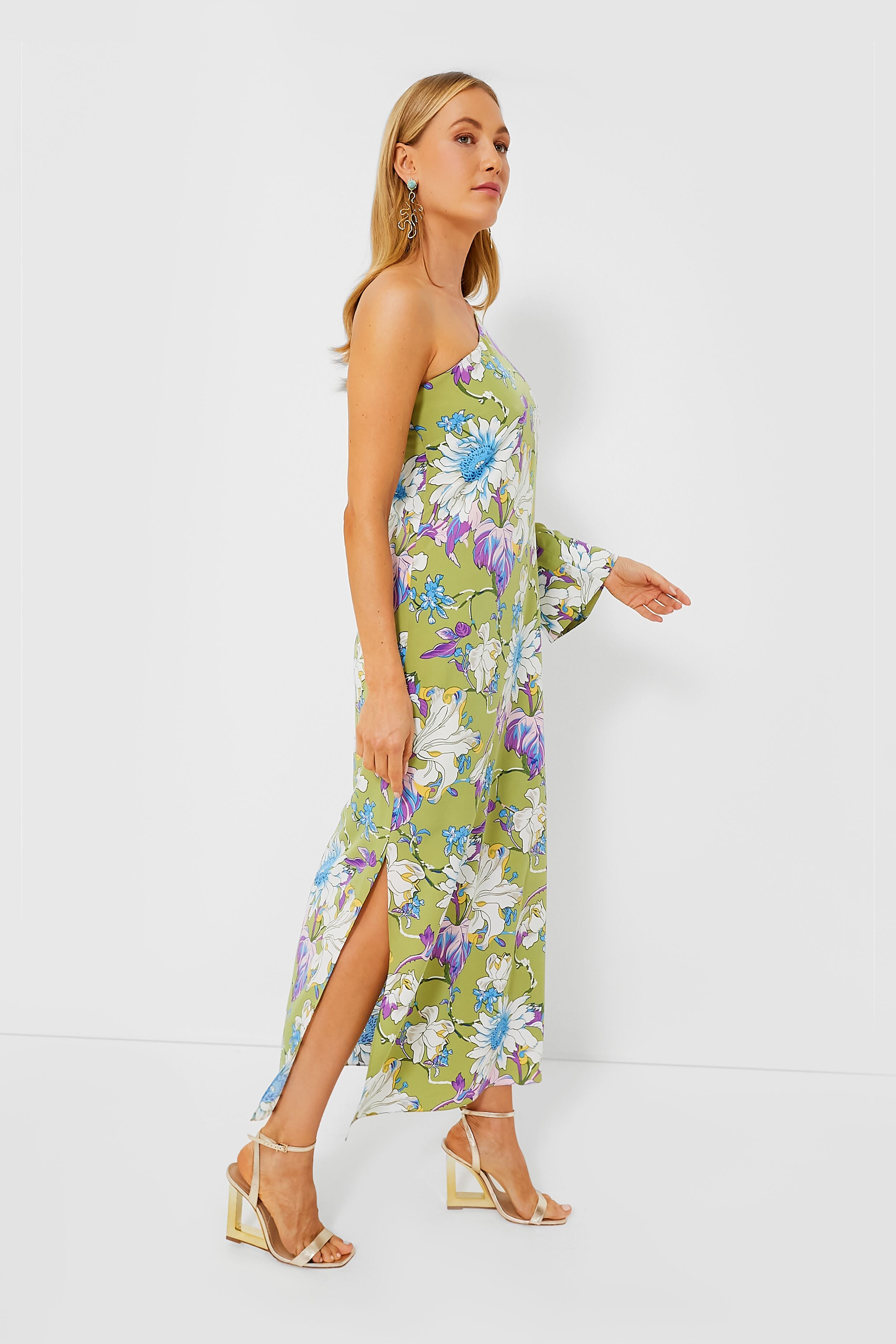 Green Floral One Shoulder Odelia Maxi Dress-Charming Tale Store