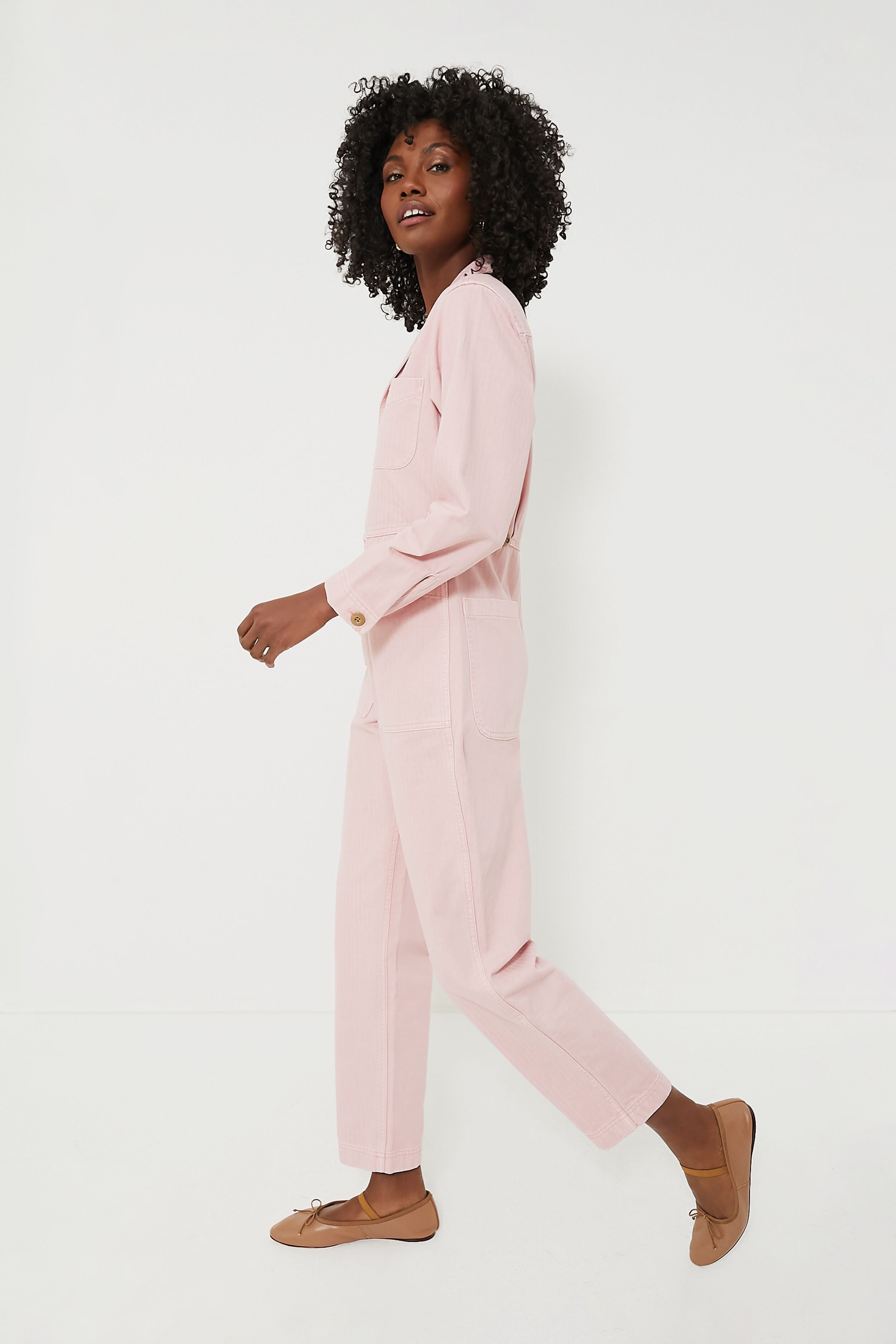 Blush Pink Herringbone Standard Zip Jumpsuit-Charming Tale Store