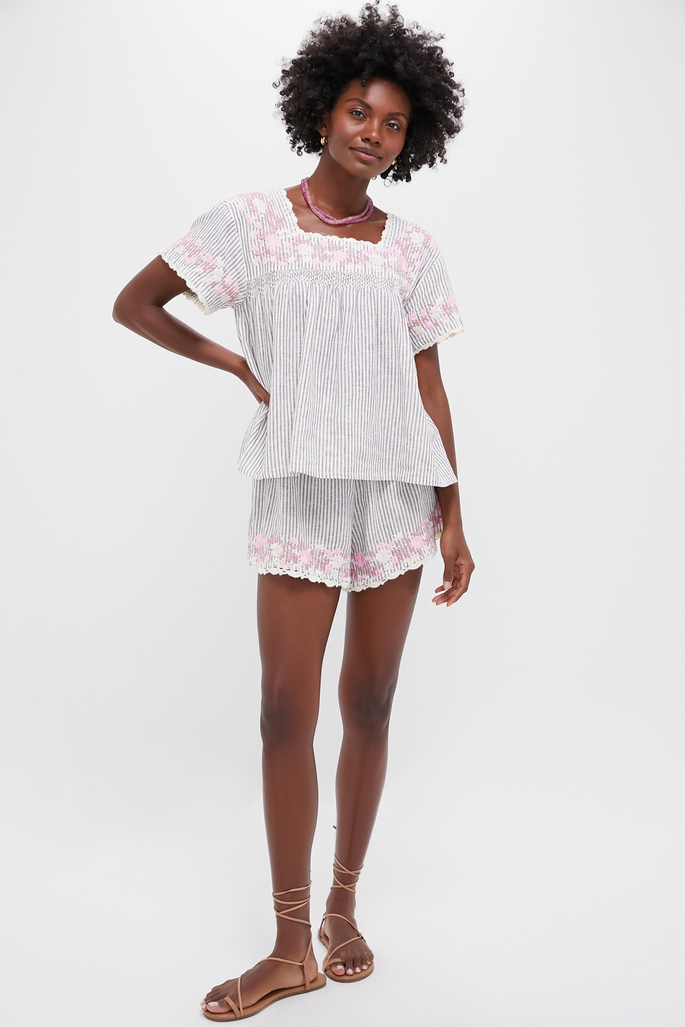 Tan Stripe Embroidered Floral Linen Kali Short-Charming Tale Store