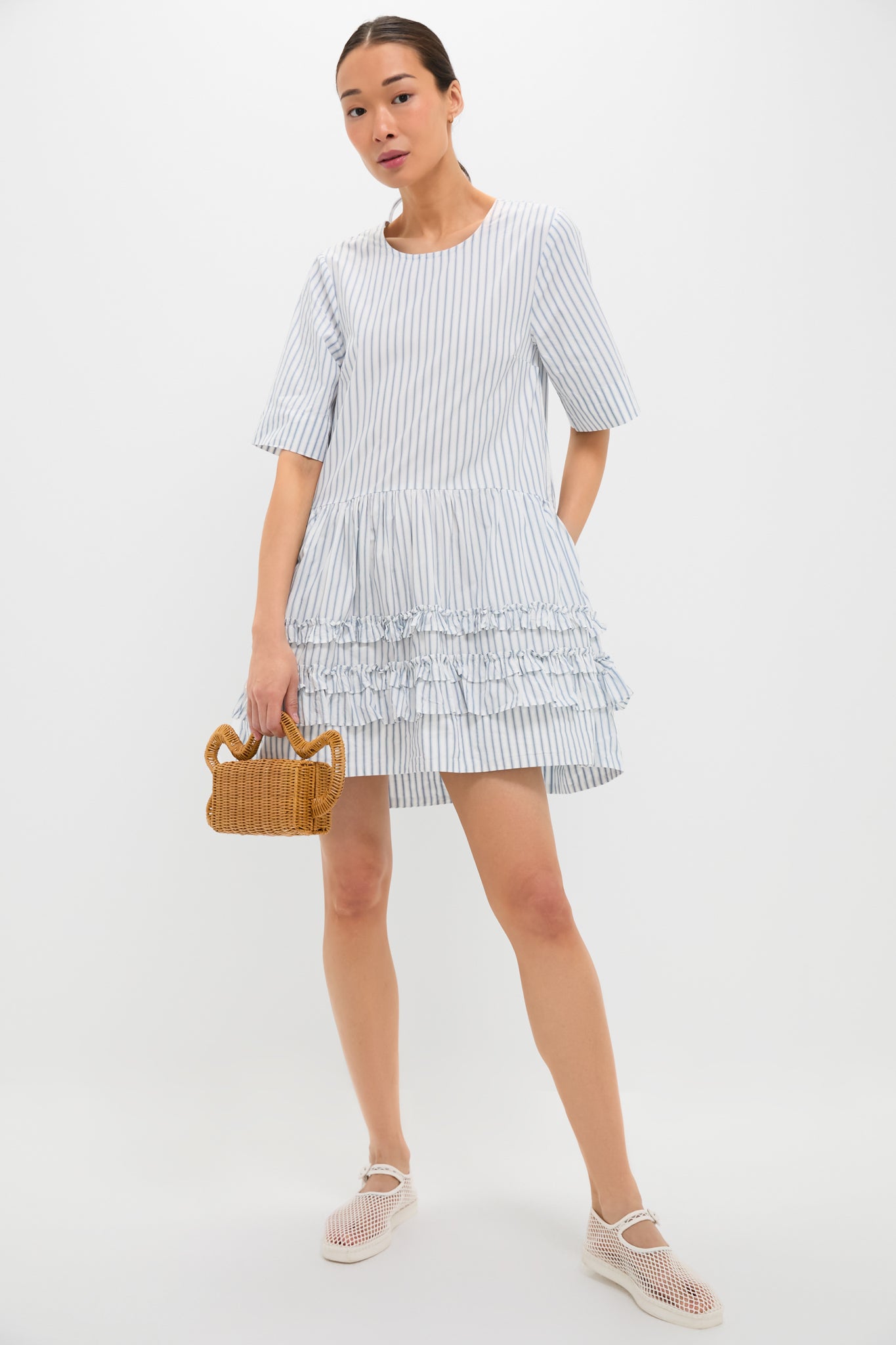 Egret Stripe Cotton Mini Dress-Charming Tale Store