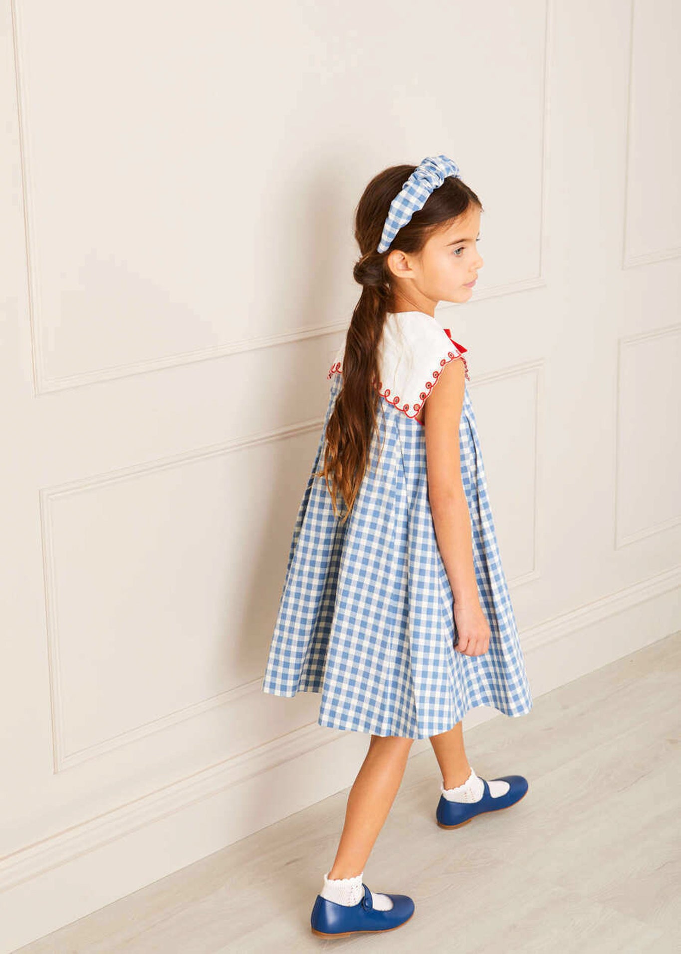 Embroidered Gingham Sleeveless Dress in Blue-Charming Tale Store