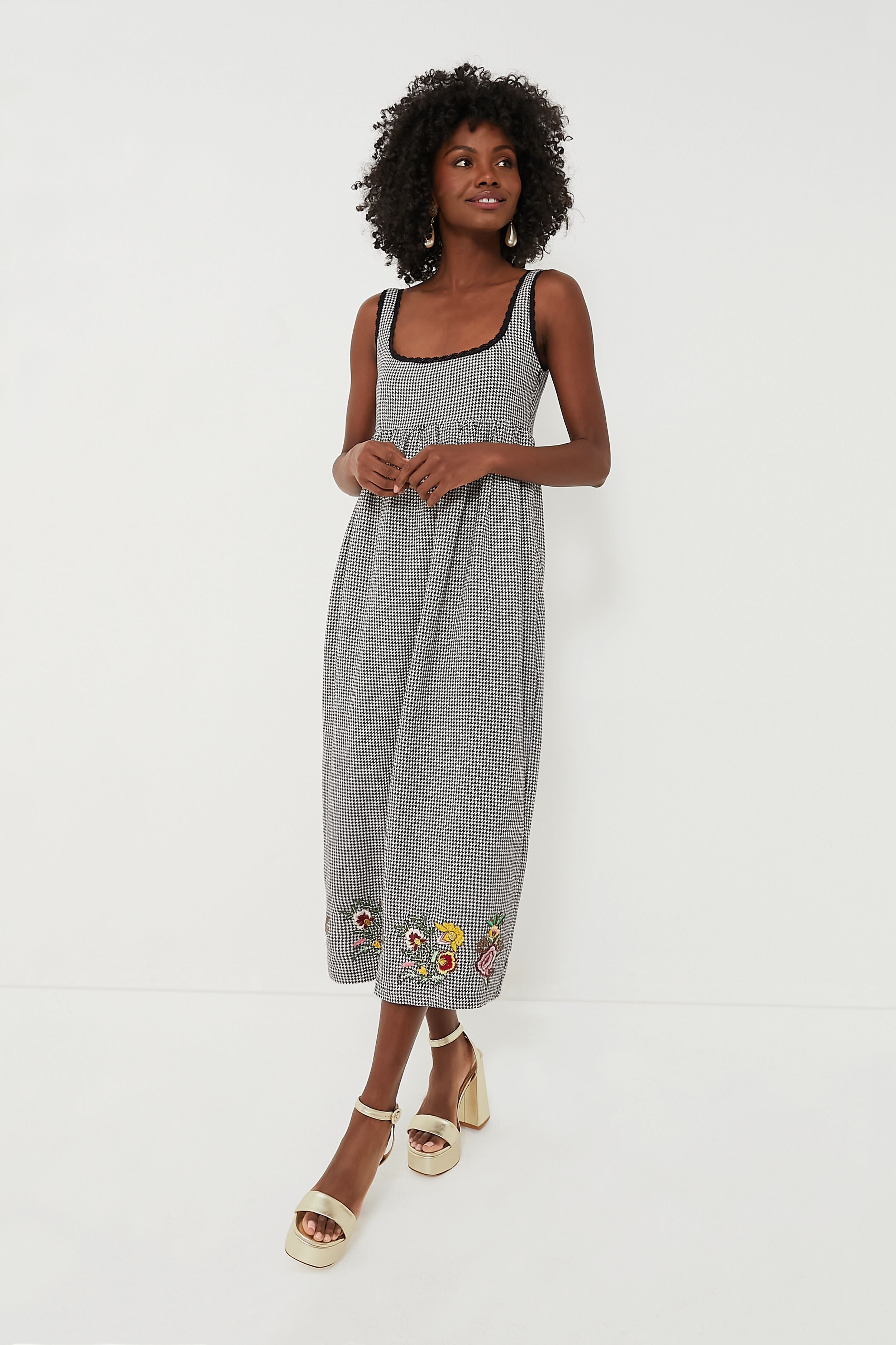 Houndstooth Emily Embroidered Midi Dress-Charming Tale Store