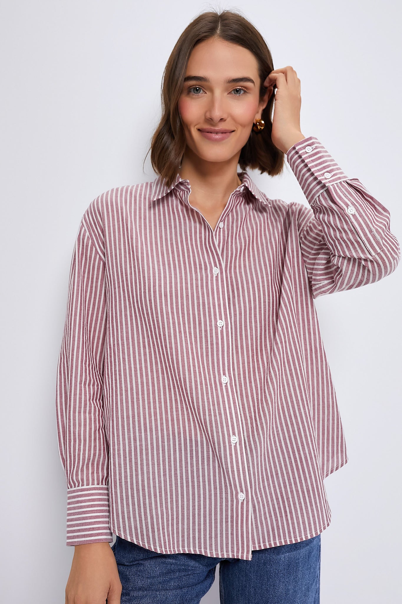 Washed Red Pointelle Stripe Nadine Boyfriend Button Down-Charming Tale Store