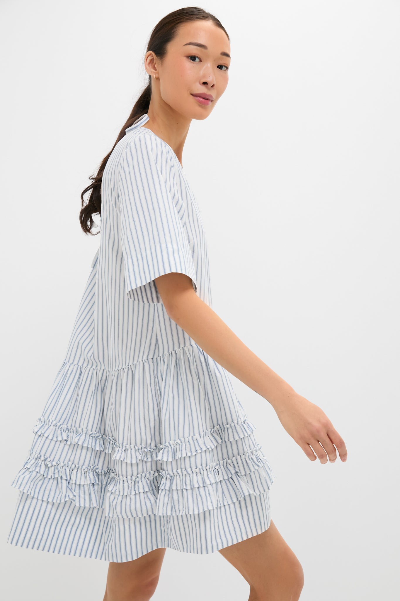 Egret Stripe Cotton Mini Dress-Charming Tale Store