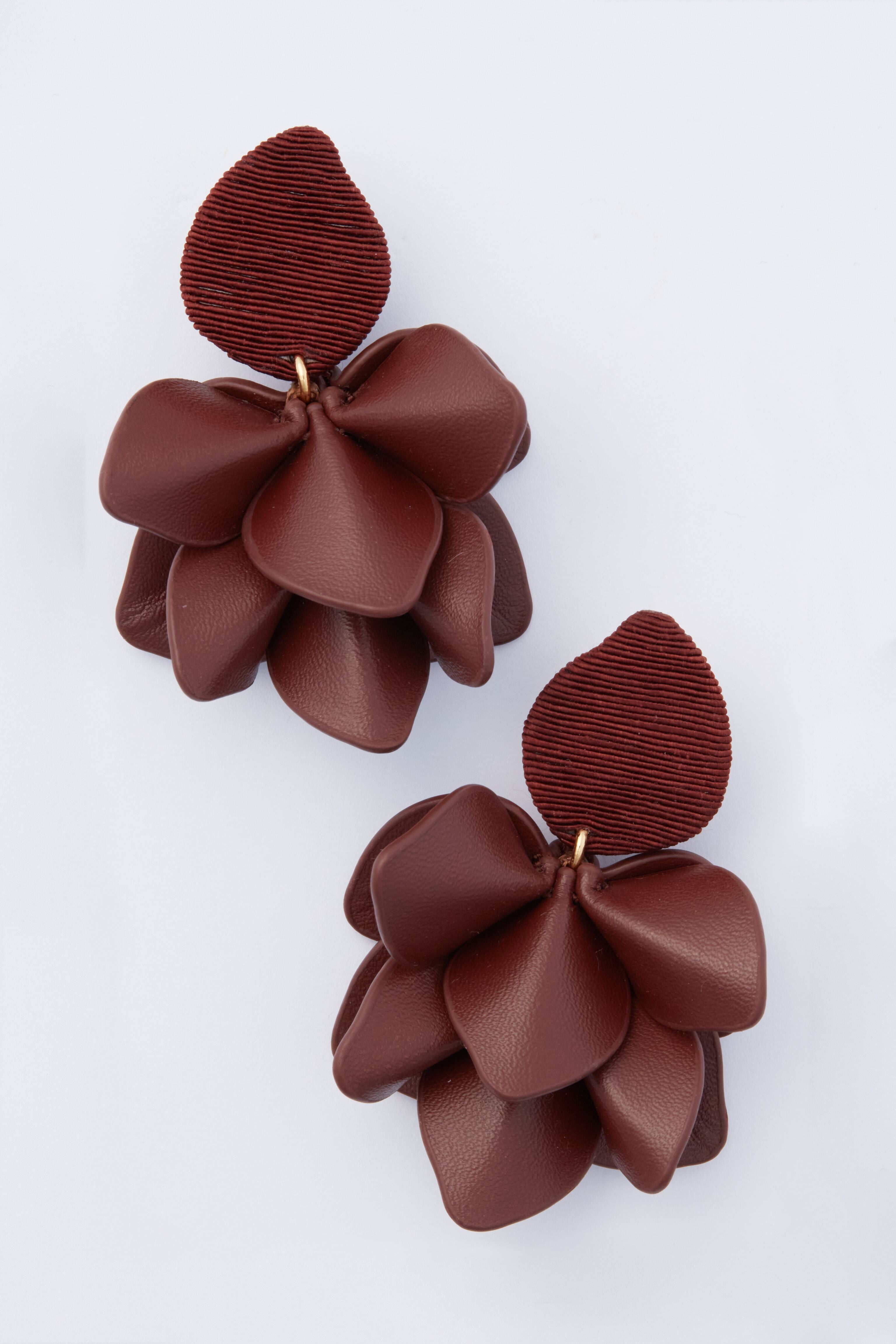 Chocolate Brown Silk and Leather Orchid Earrings-Charming Tale Store