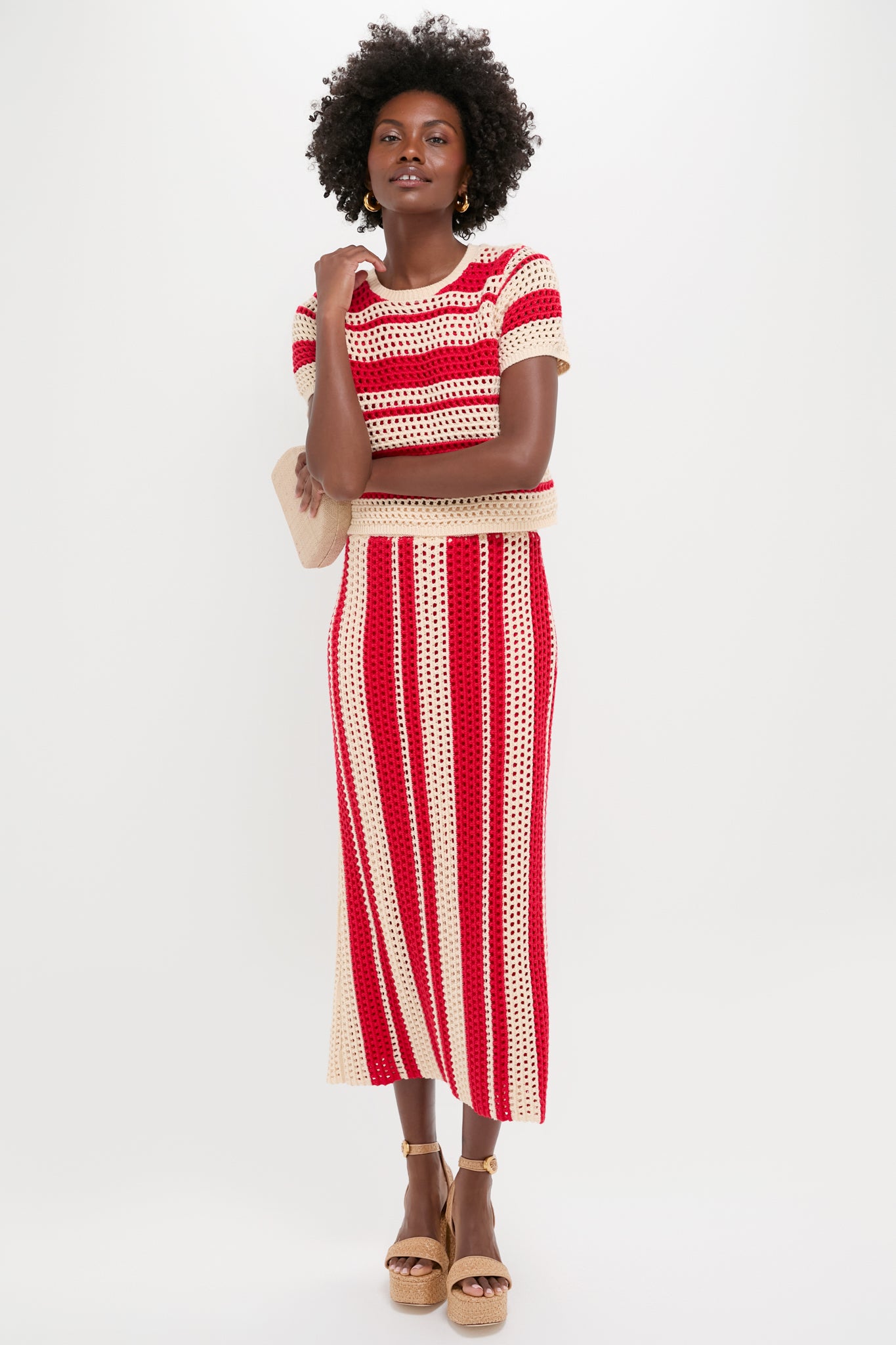Burnt Red & Beige Striped Knit Ren Midi Skirt-Charming Tale Store