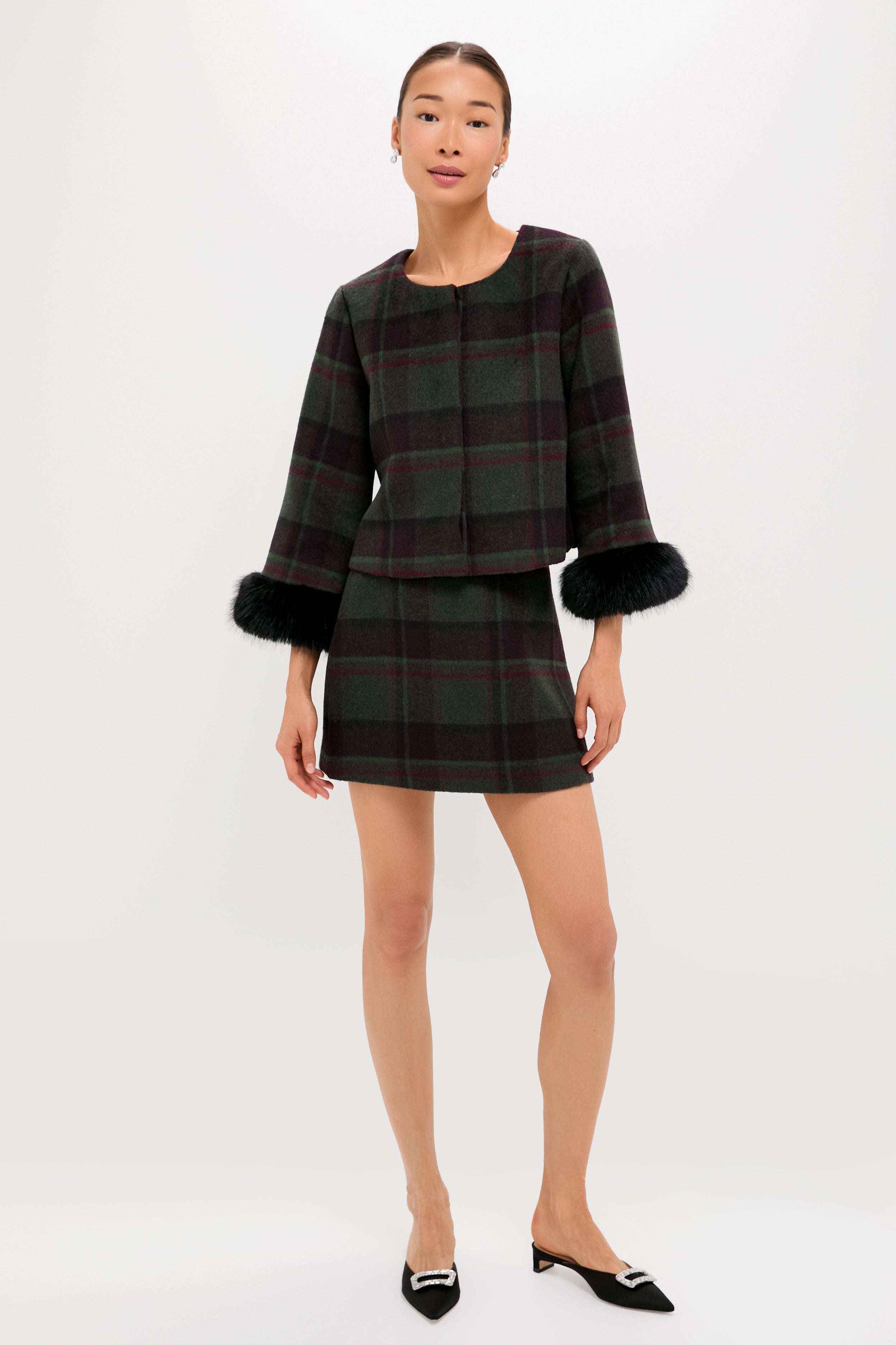 Forest Plaid Wool Fur Cuff Maxine Jacket-Charming Tale Store