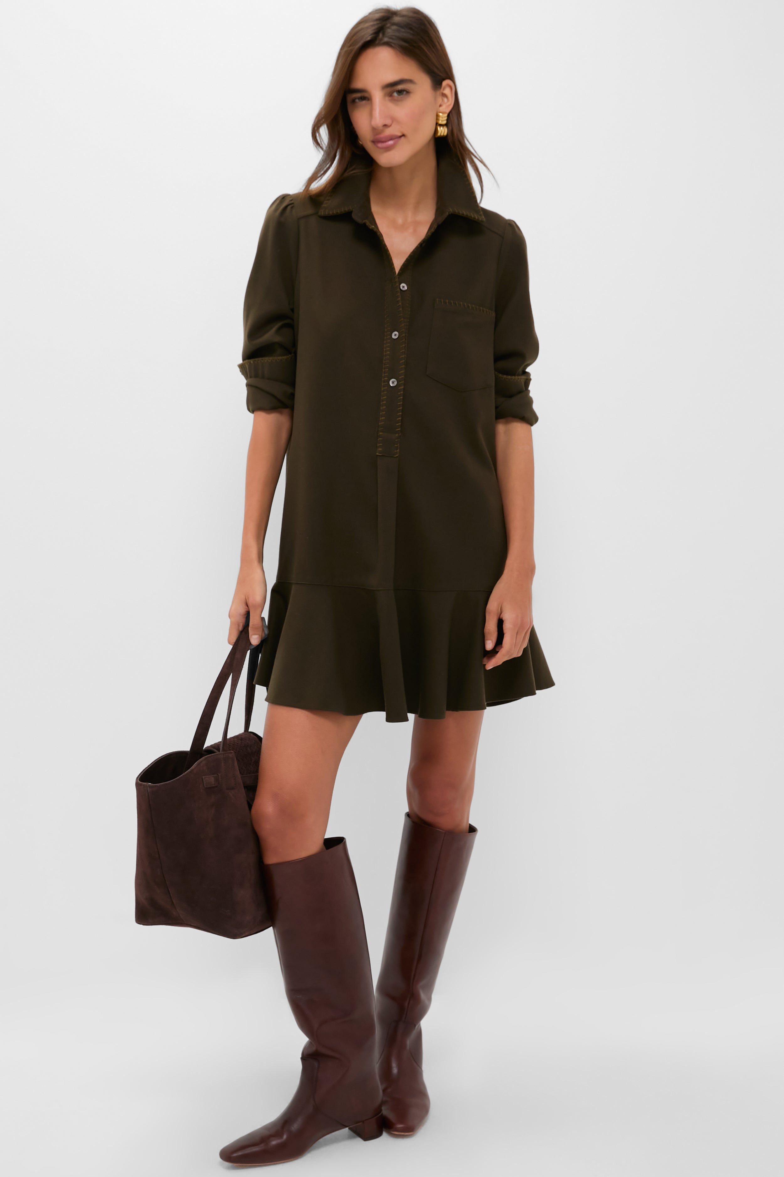 Dark Olive Whipstitch Brushed Wool Callahan Shirt Dress-Charming Tale Store