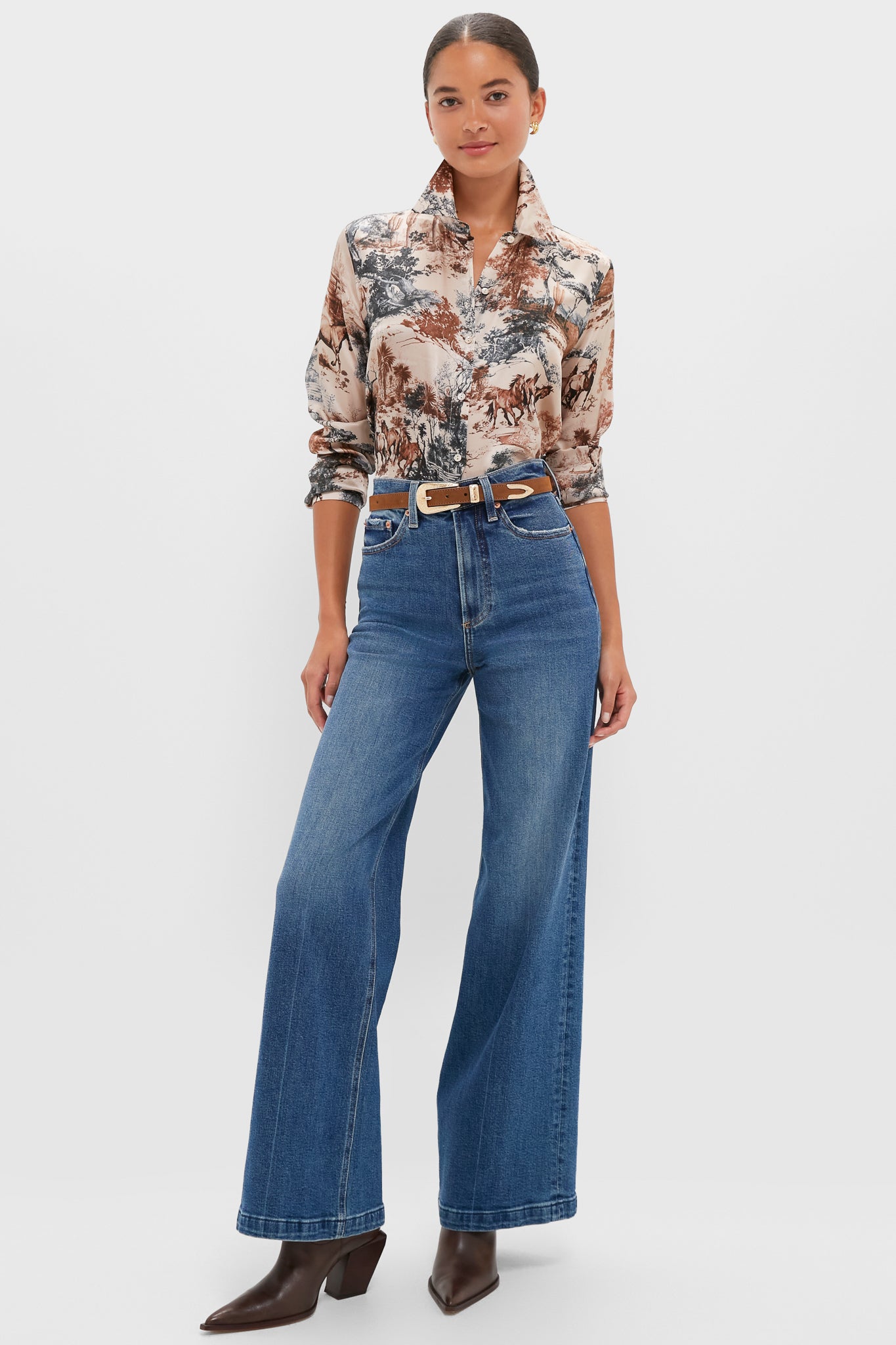 Tan Mountain Western Tyler Long Sleeve Blouse-Charming Tale Store