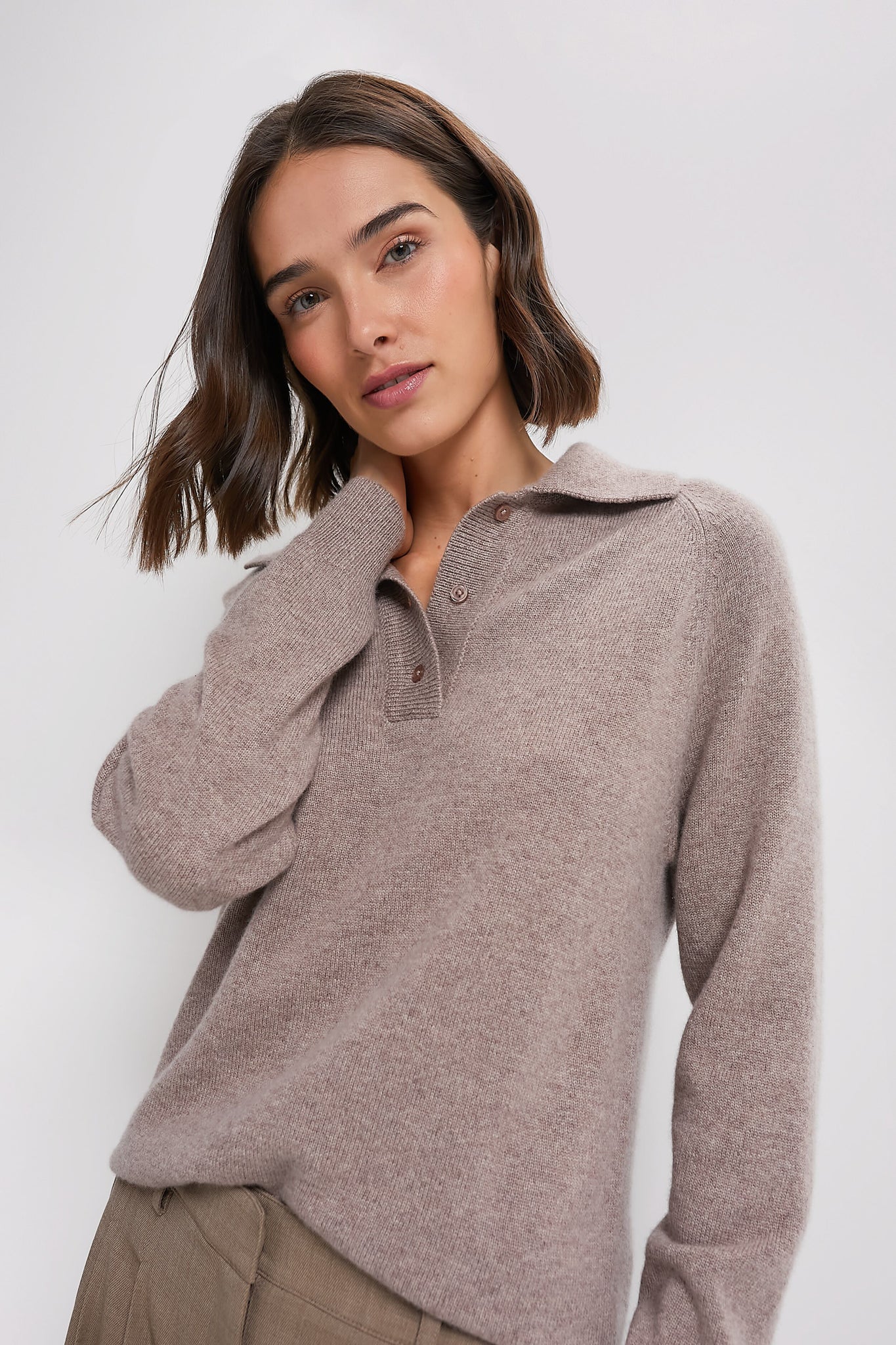 Wheat Carlisle Cashmere Banded Polo Sweater-Charming Tale Store