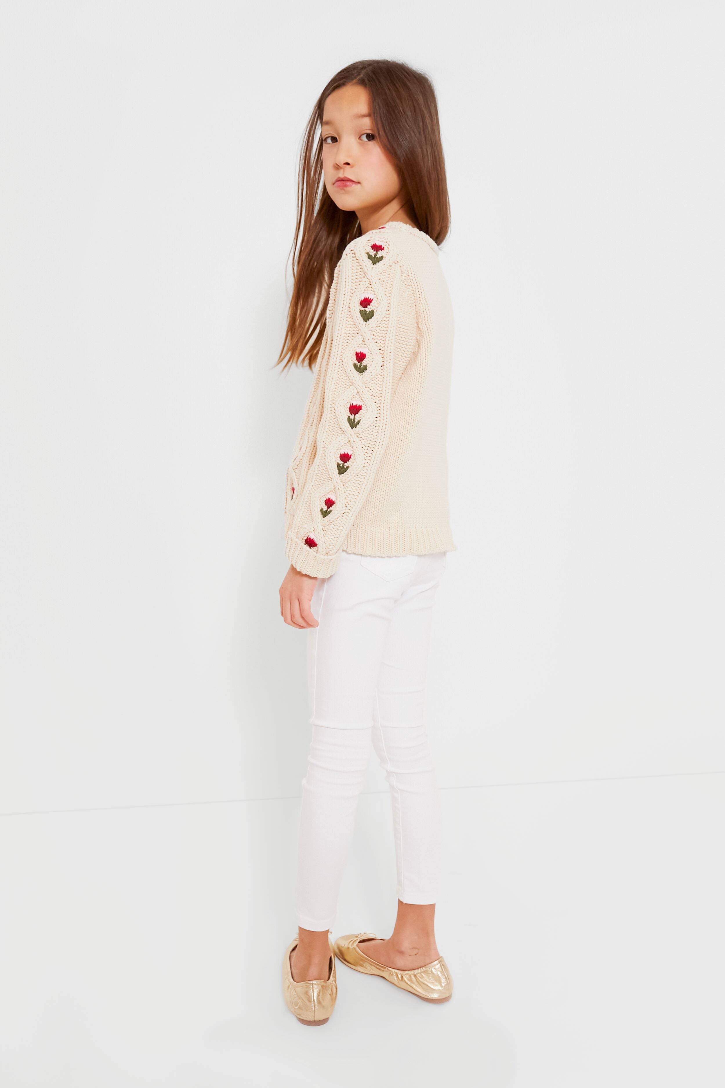 Cream Floral Embroidery Dalia Diamond Sweater-Charming Tale Store