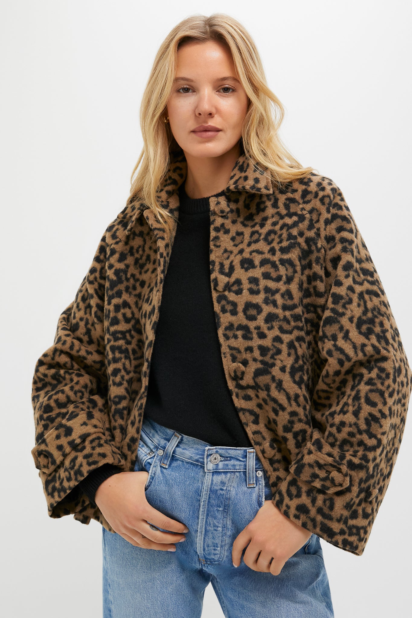 Brushed Wool Leopard Drew Short Trench Coat-Charming Tale Store